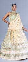 Ethereal Cream & Seafoam Green Weaving Silk Gown with Pre-Draped Saree Style Dupatta