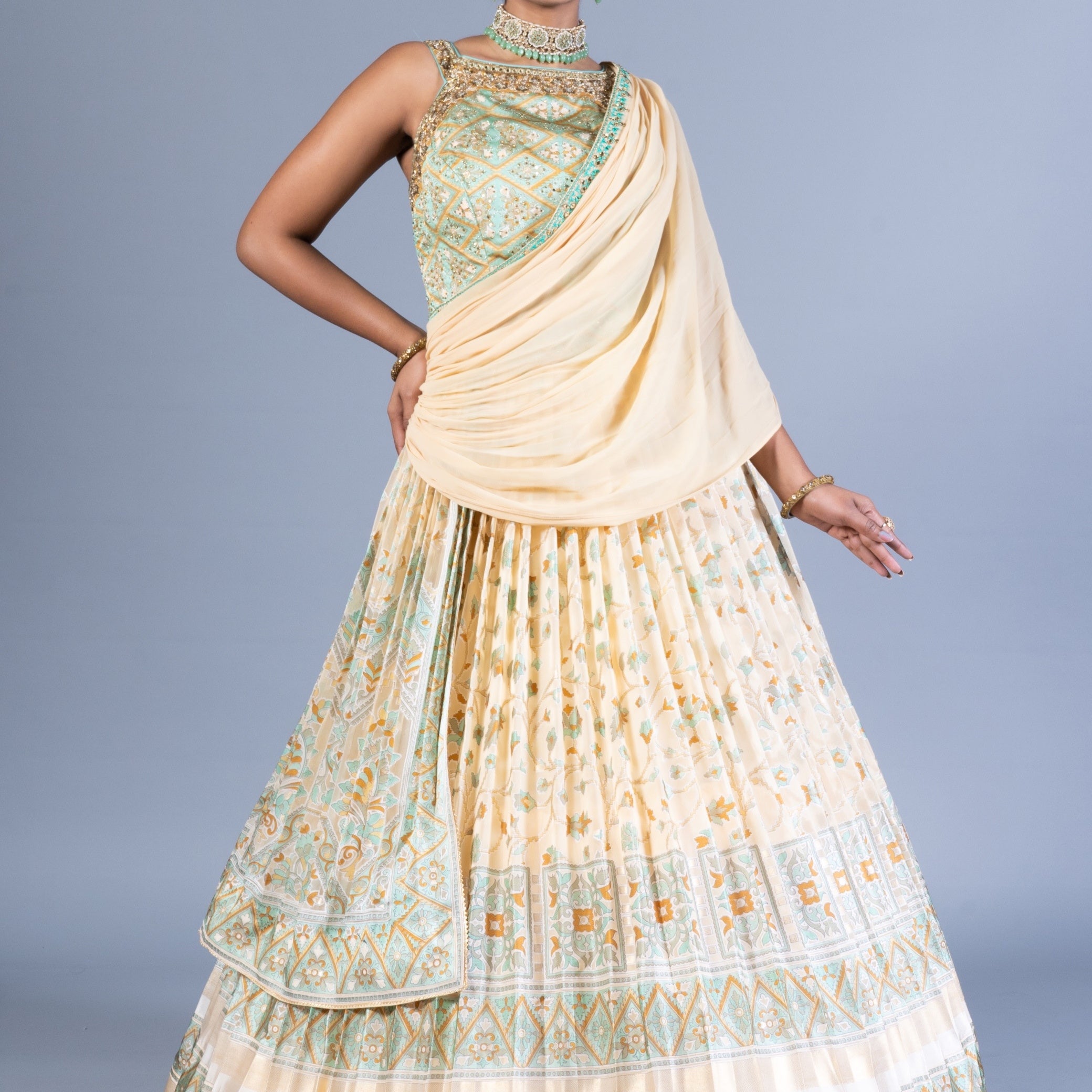 Ethereal Cream & Seafoam Green Weaving Silk Gown with Pre-Draped Saree Style Dupatta