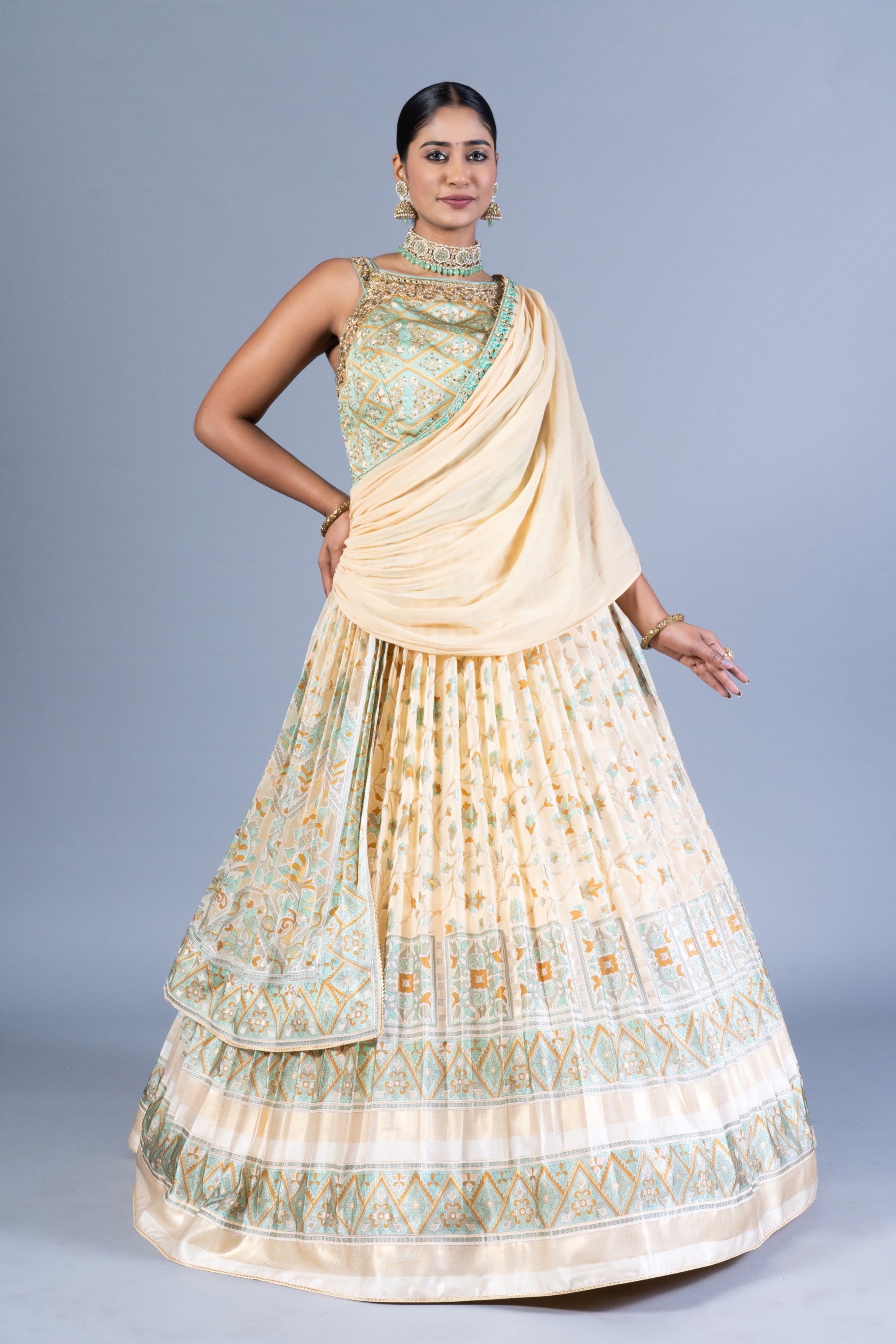 Ethereal Cream & Seafoam Green Weaving Silk Gown with Pre-Draped Saree Style Dupatta