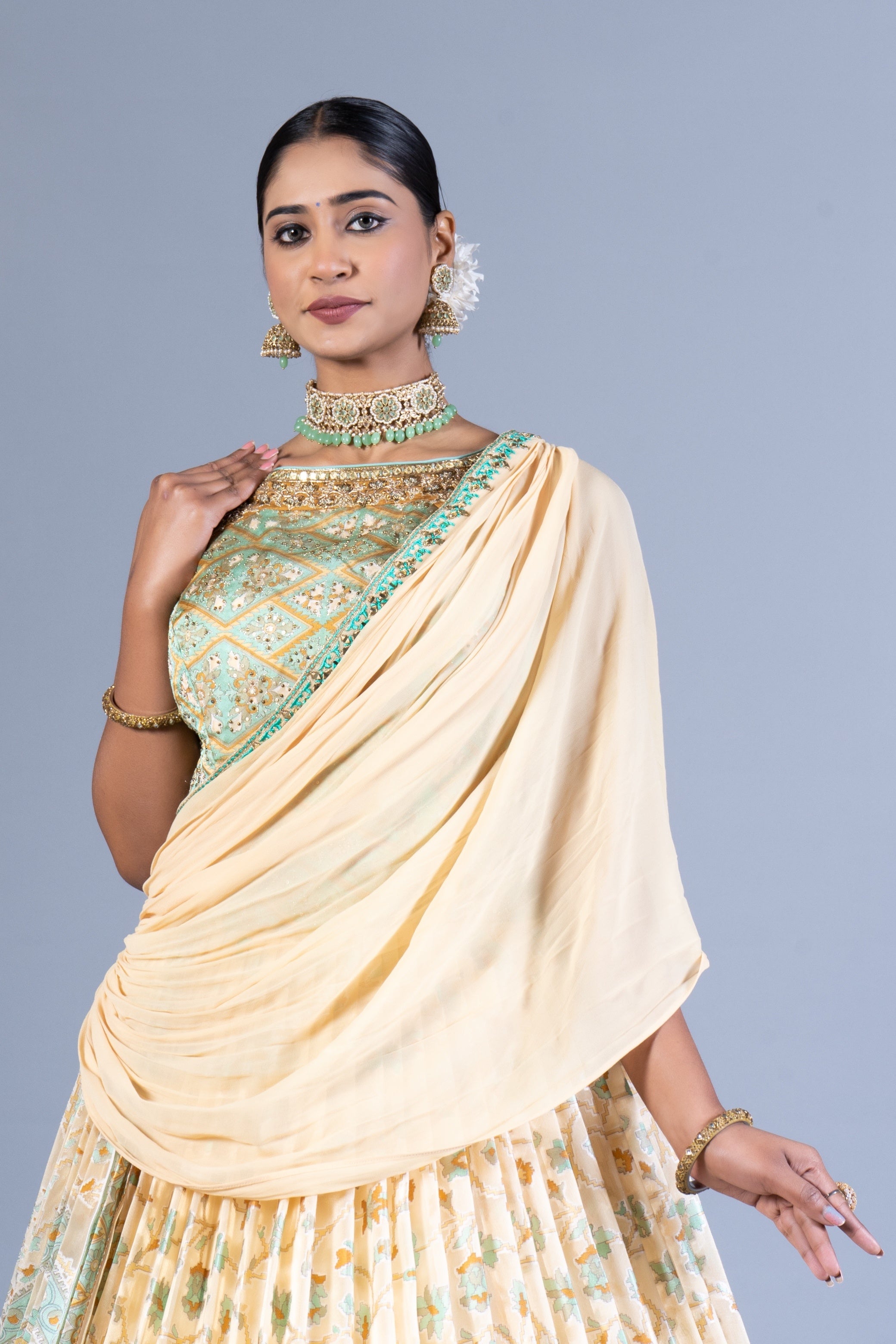 Ethereal Cream & Seafoam Green Weaving Silk Gown with Pre-Draped Saree Style Dupatta