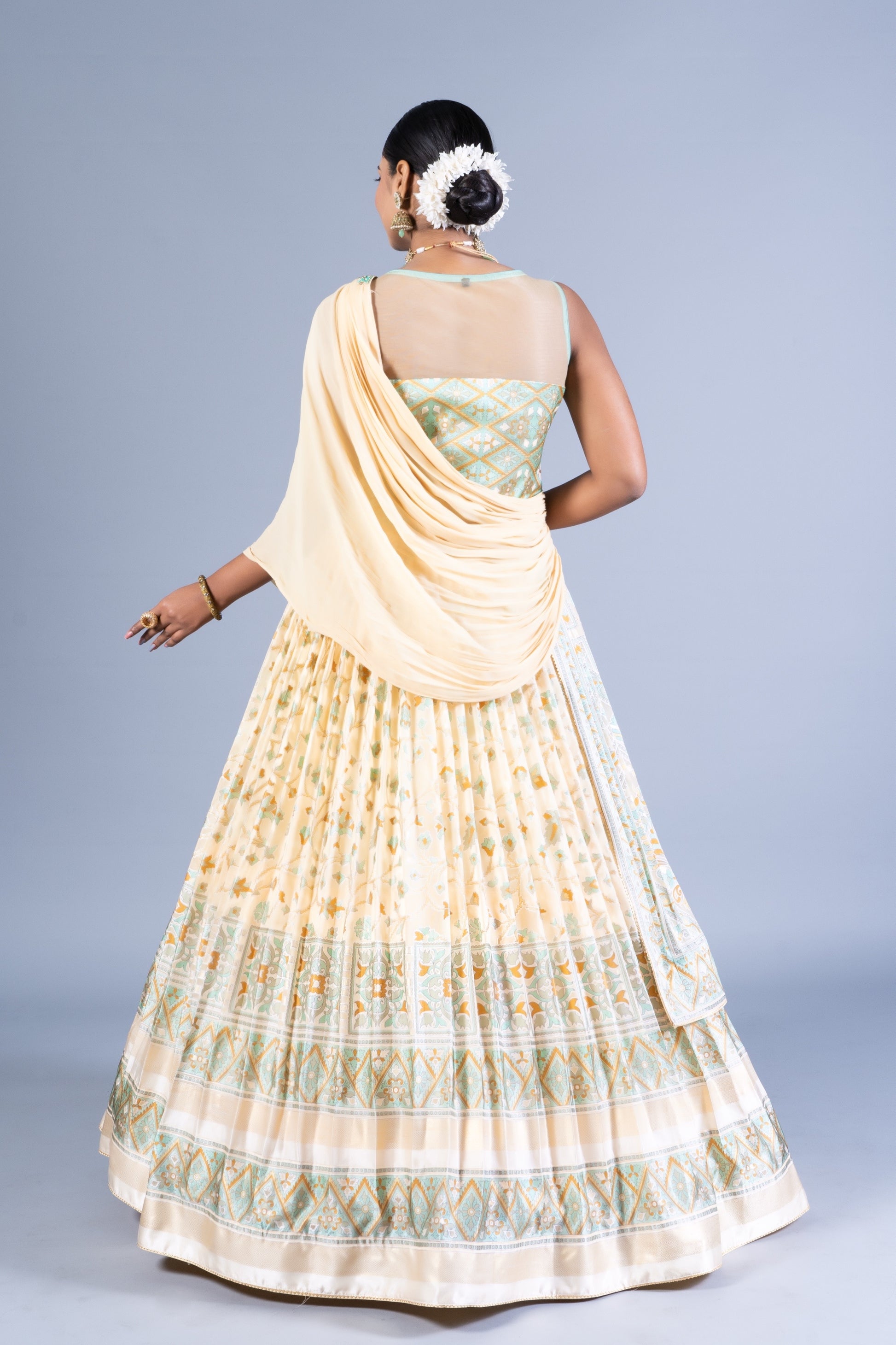 Ethereal Cream & Seafoam Green Weaving Silk Gown with Pre-Draped Saree Style Dupatta