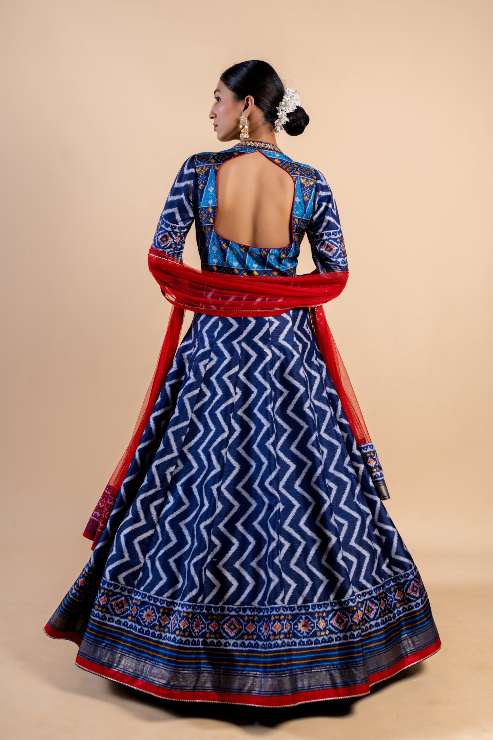 Royal Indigo & Crimson Ajrakh Fusion Gown with Leheriya Print and Zari Border