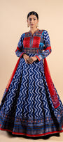 Royal Indigo & Crimson Ajrakh Fusion Gown with Leheriya Print and Zari Border