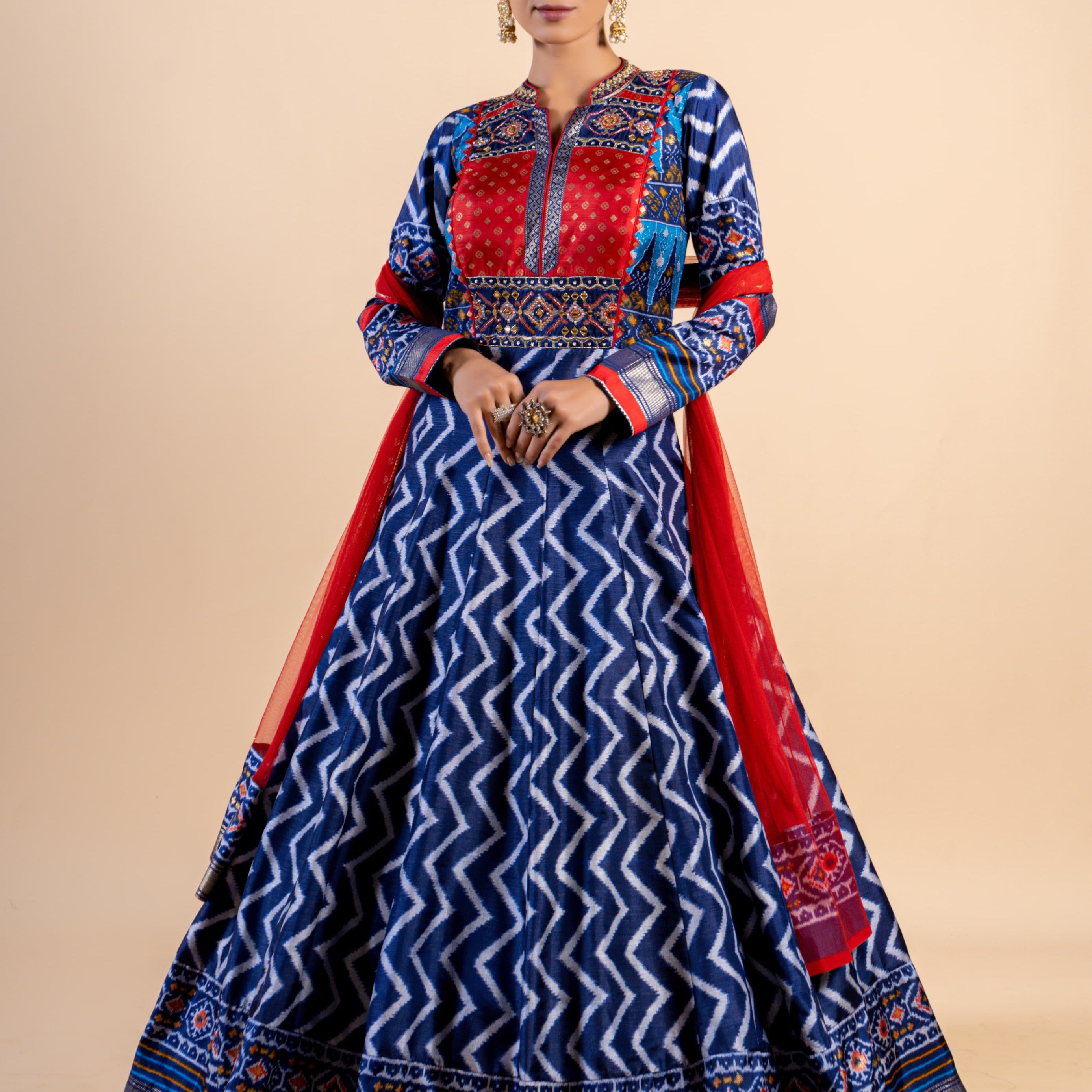 Royal Indigo & Crimson Ajrakh Fusion Gown with Leheriya Print and Zari Border