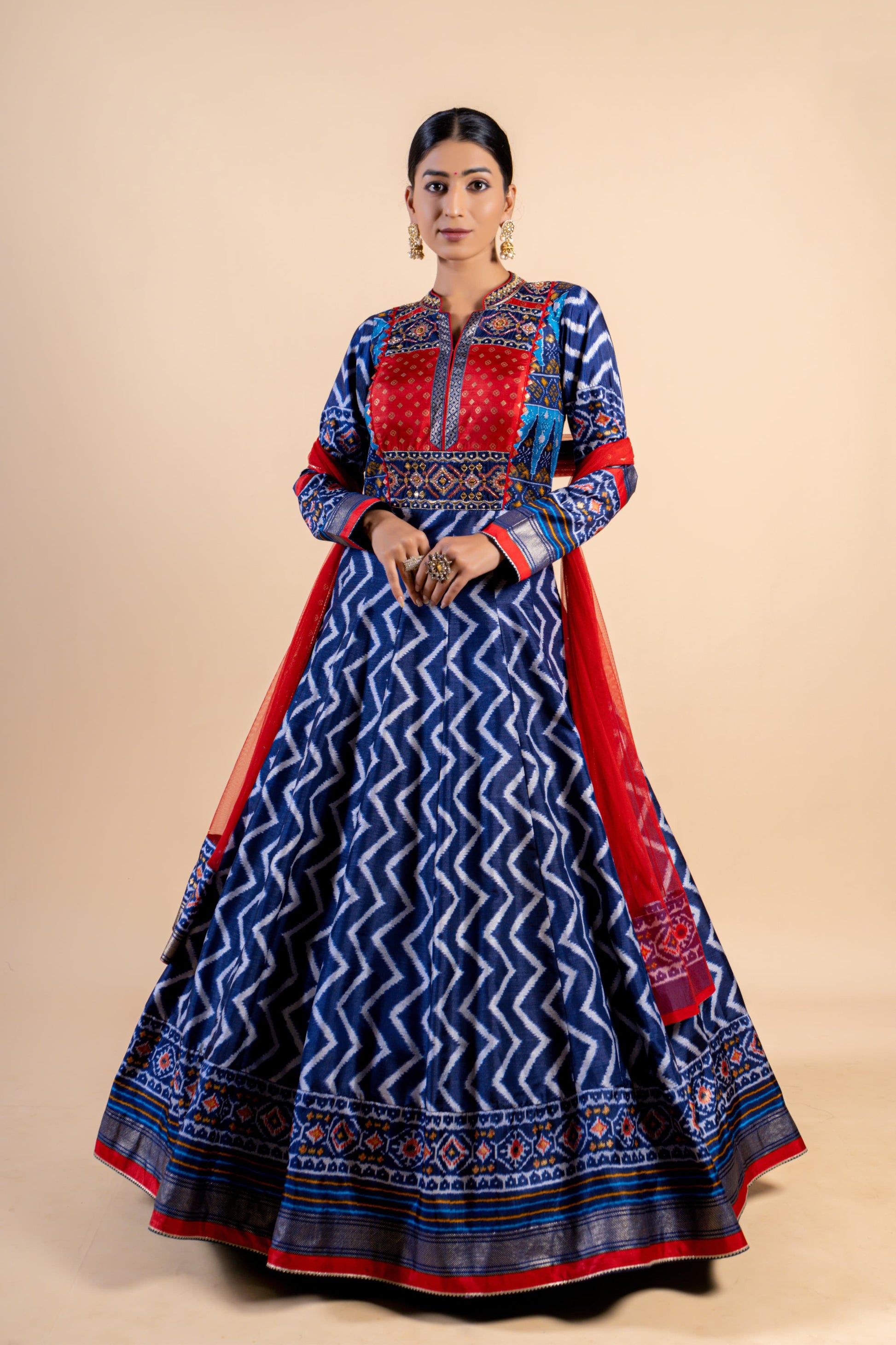 Royal Indigo & Crimson Ajrakh Fusion Gown with Leheriya Print and Zari Border