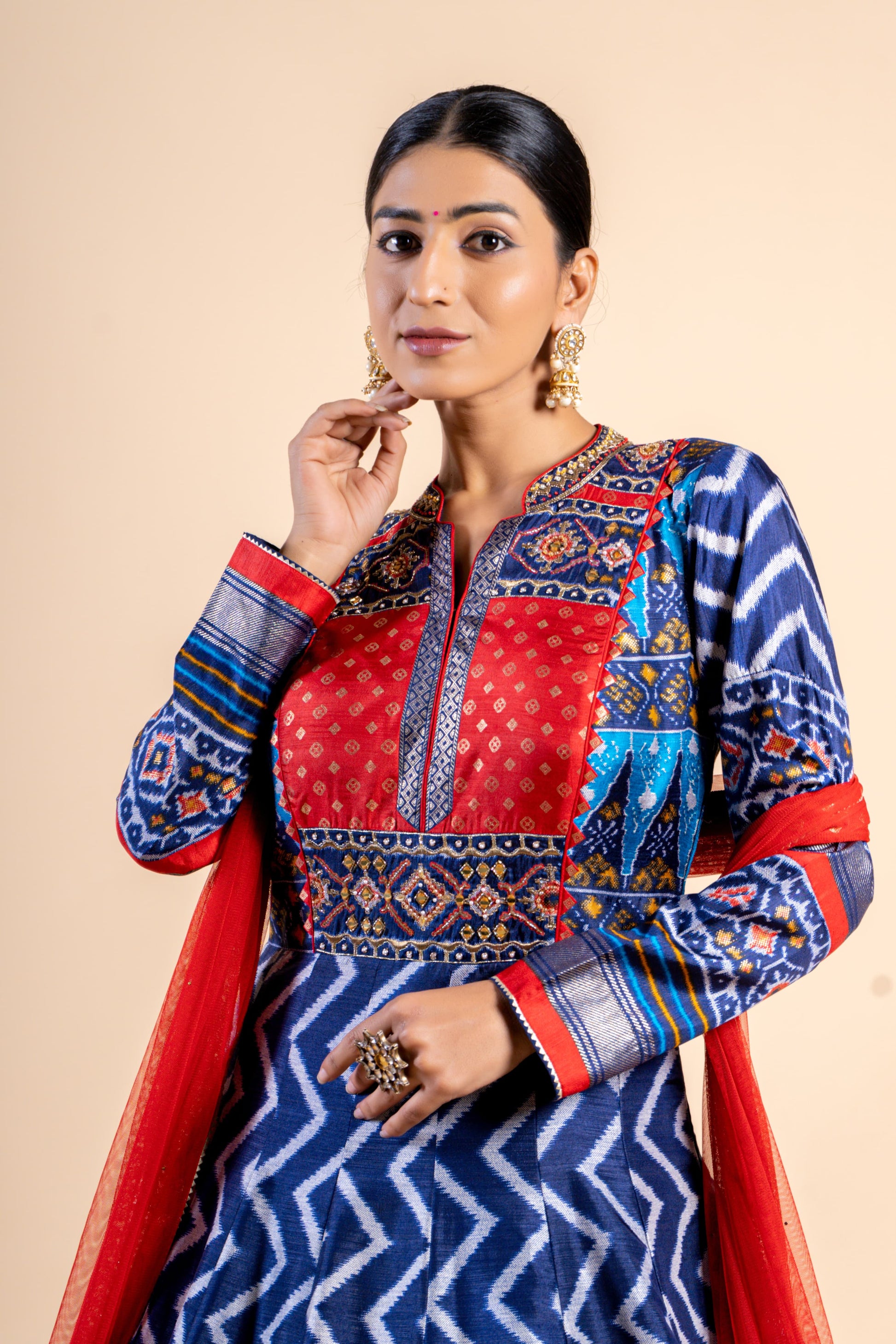 Royal Indigo & Crimson Ajrakh Fusion Gown with Leheriya Print and Zari Border