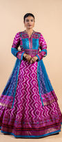 Vibrant Magenta & Turquoise Ajrakh Fusion Gown with Leheriya Print and Mirror Work