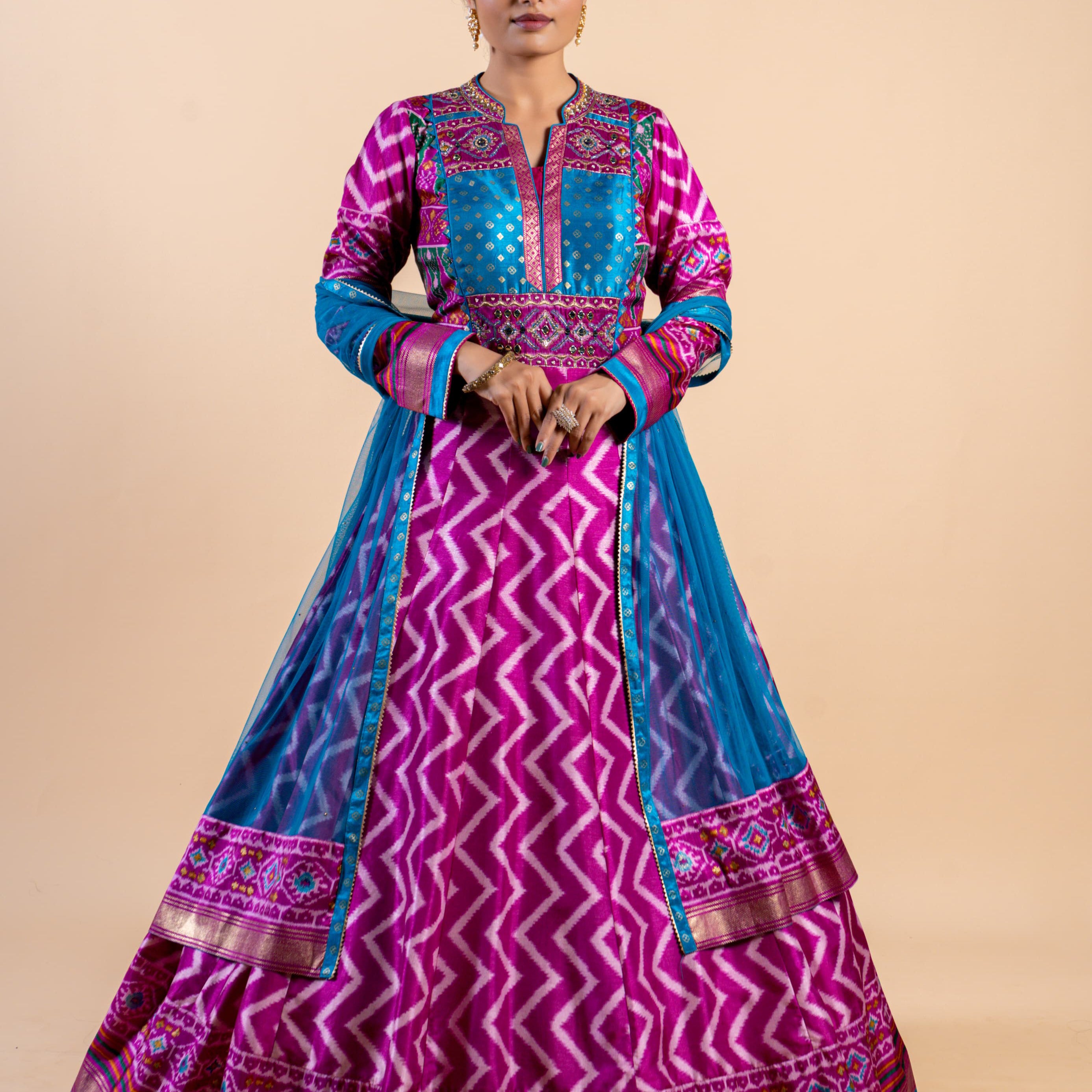Vibrant Magenta & Turquoise Ajrakh Fusion Gown with Leheriya Print and Mirror Work