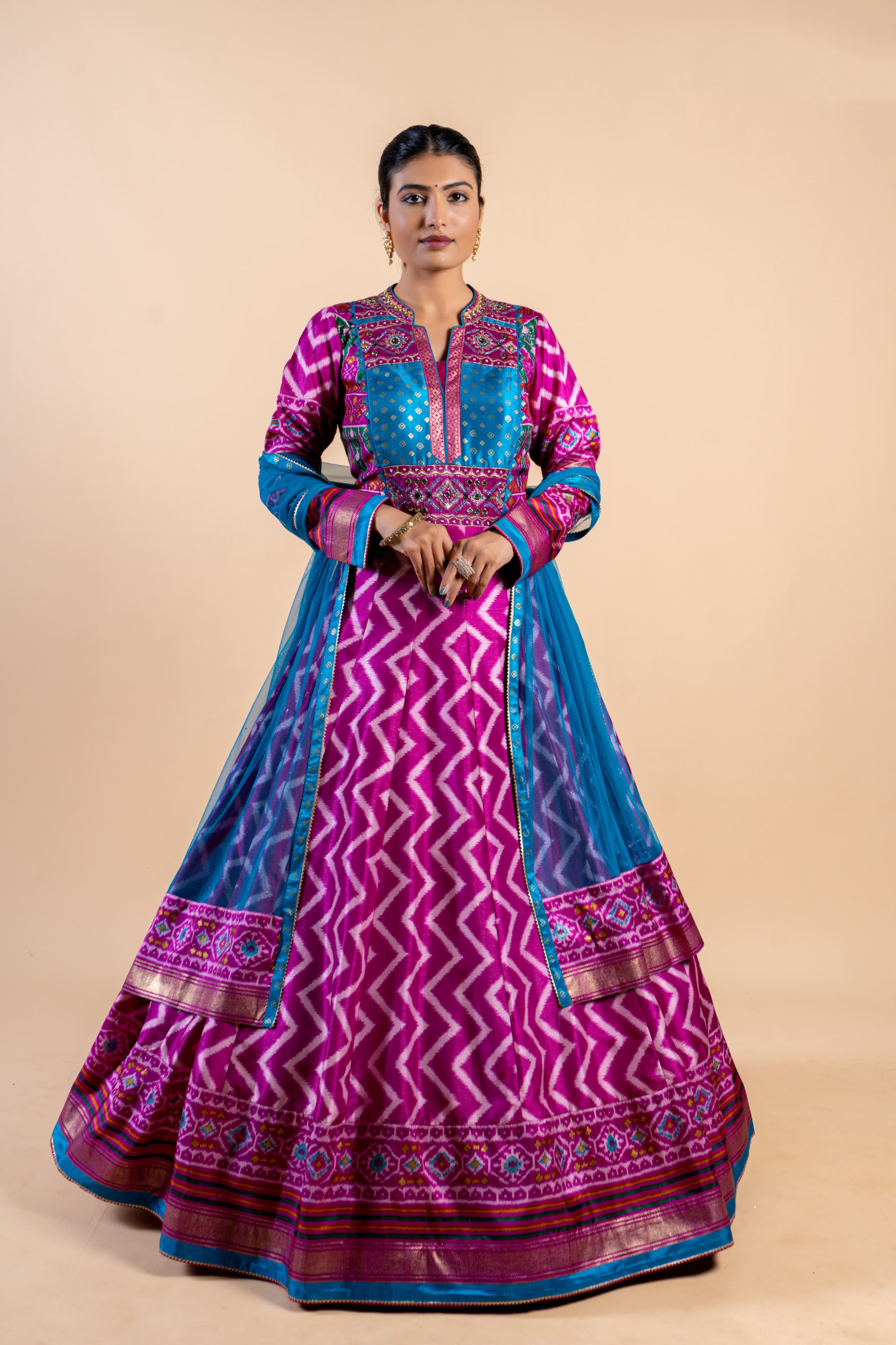 Vibrant Magenta & Turquoise Ajrakh Fusion Gown with Leheriya Print and Mirror Work