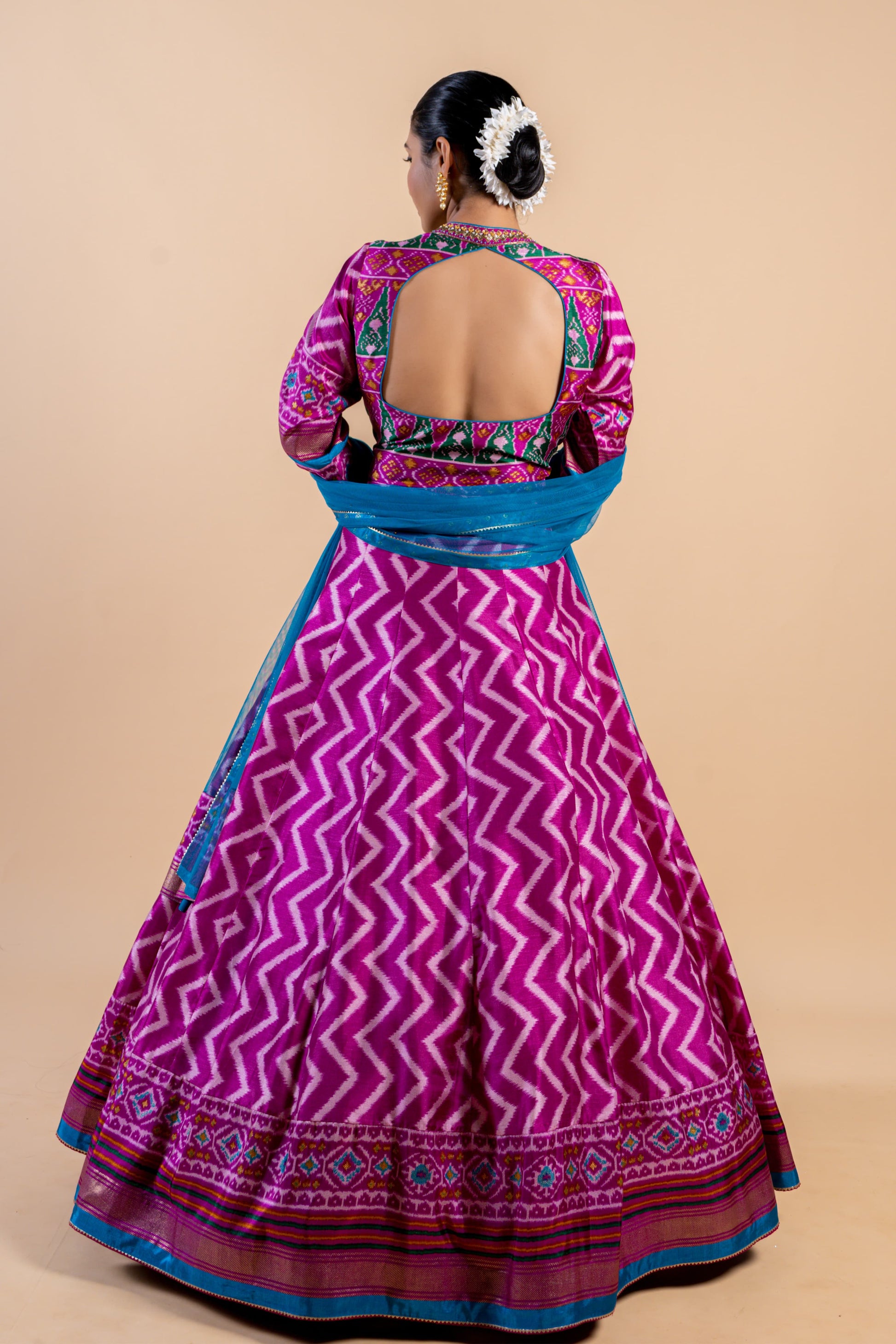 Vibrant Magenta & Turquoise Ajrakh Fusion Gown with Leheriya Print and Mirror Work