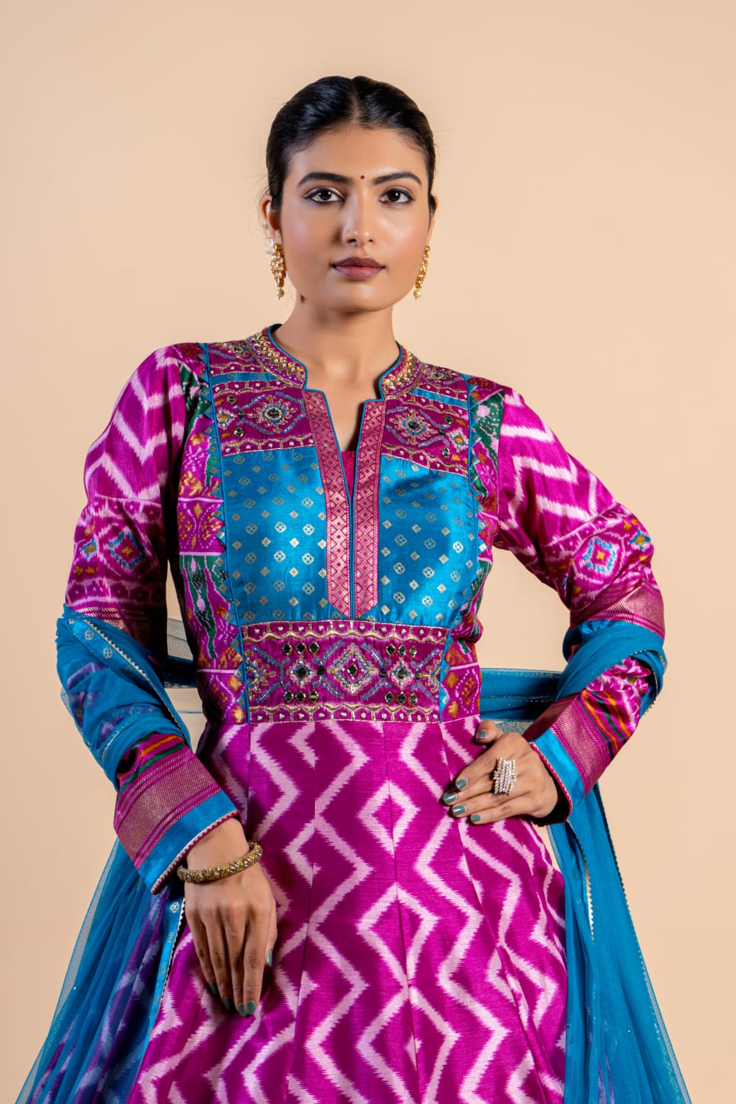 Vibrant Magenta & Turquoise Ajrakh Fusion Gown with Leheriya Print and Mirror Work