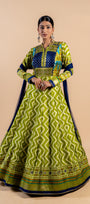 Lively Lime Green & Navy Ajrakh Fusion Gown with Leheriya Print and Zari Border