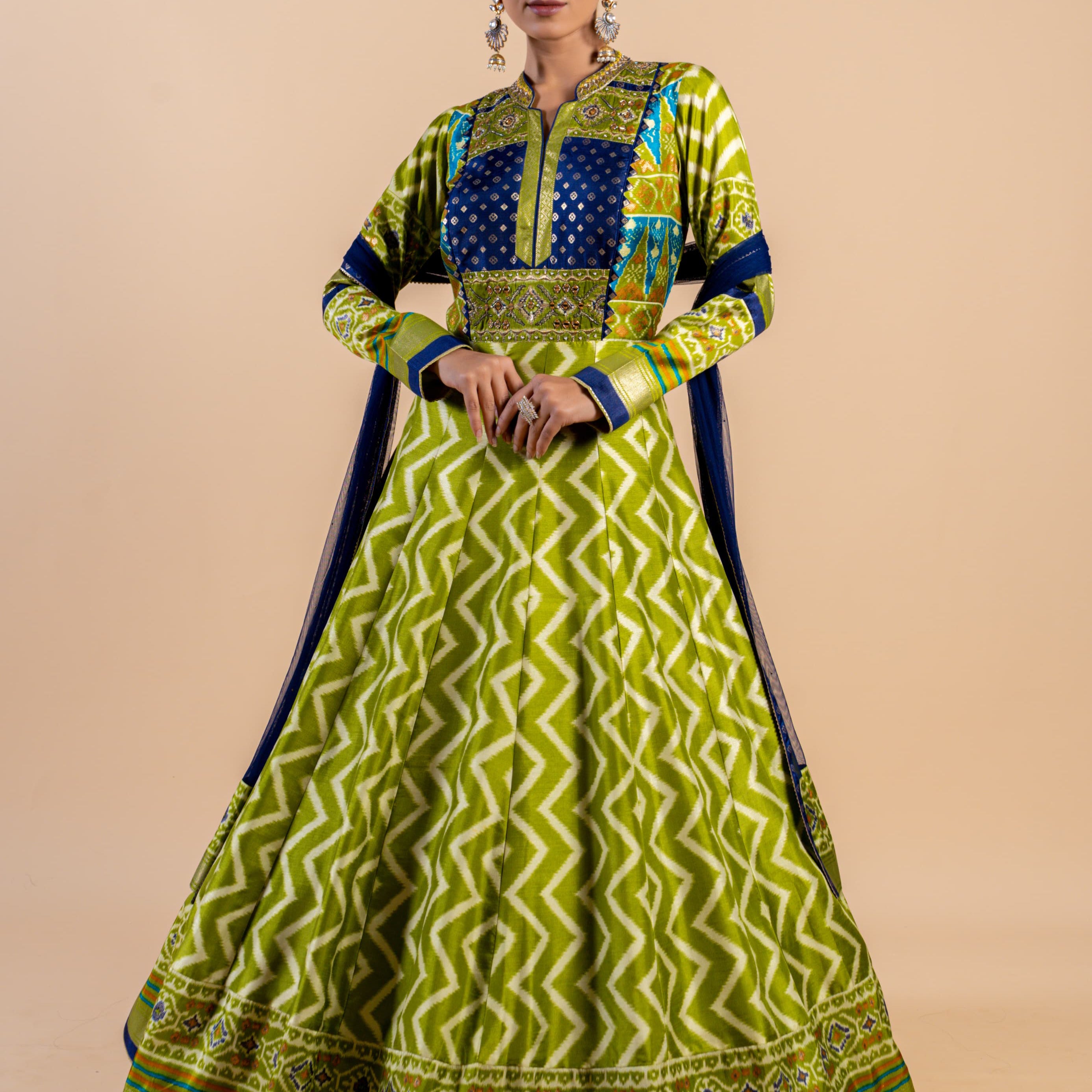 Lively Lime Green & Navy Ajrakh Fusion Gown with Leheriya Print and Zari Border