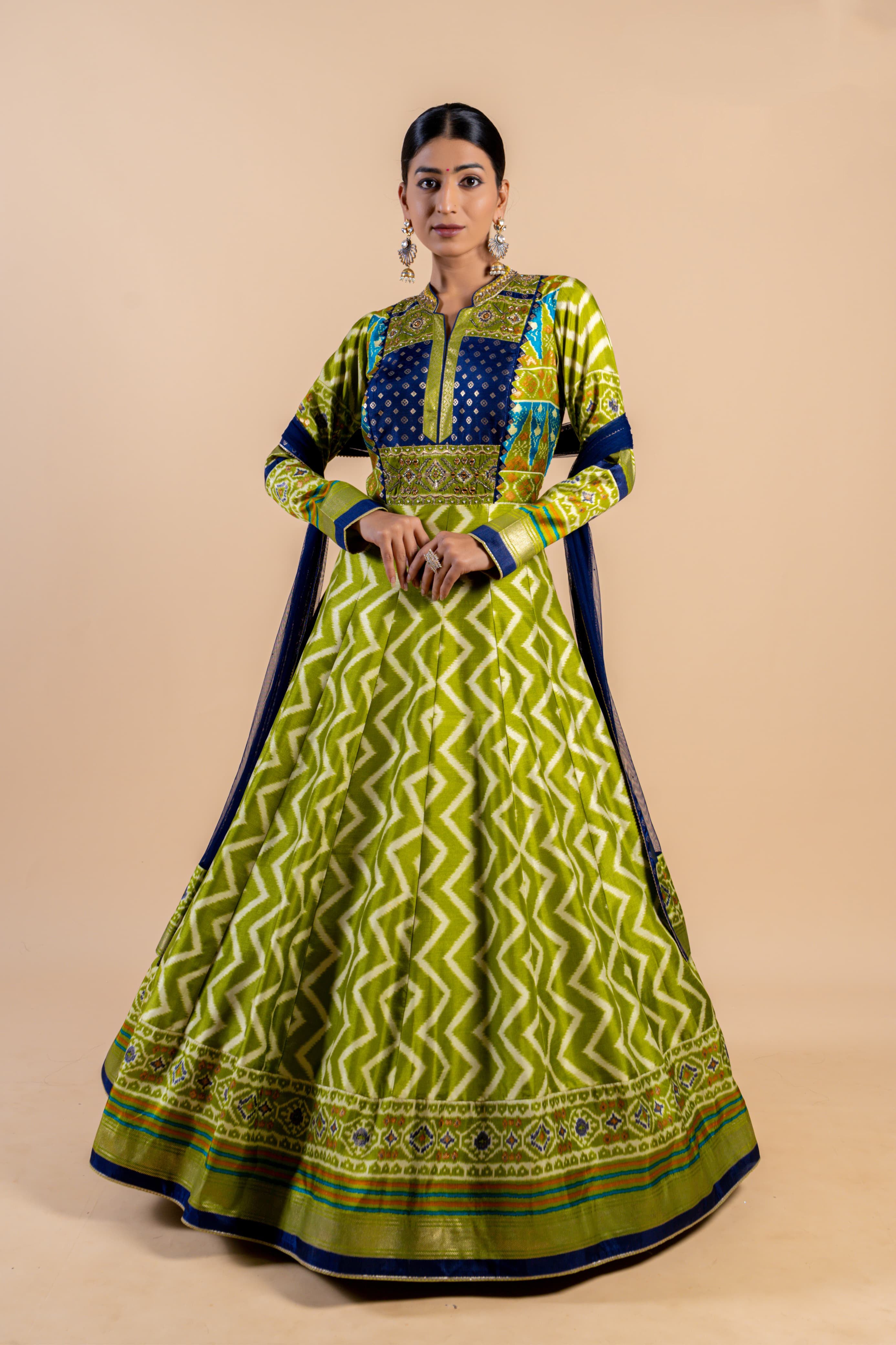 Lively Lime Green & Navy Ajrakh Fusion Gown with Leheriya Print and Zari Border
