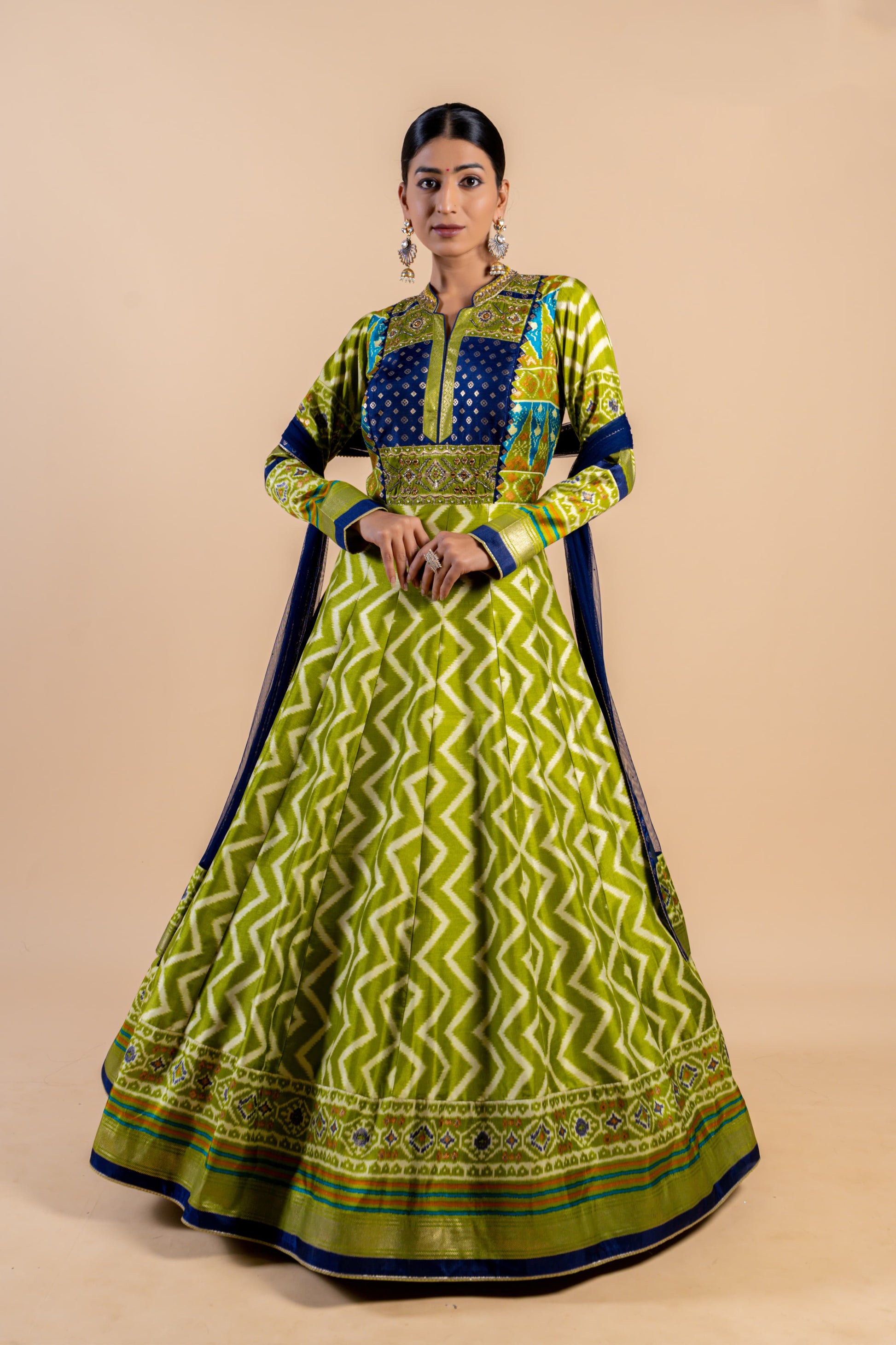 Lively Lime Green & Navy Ajrakh Fusion Gown with Leheriya Print and Zari Border