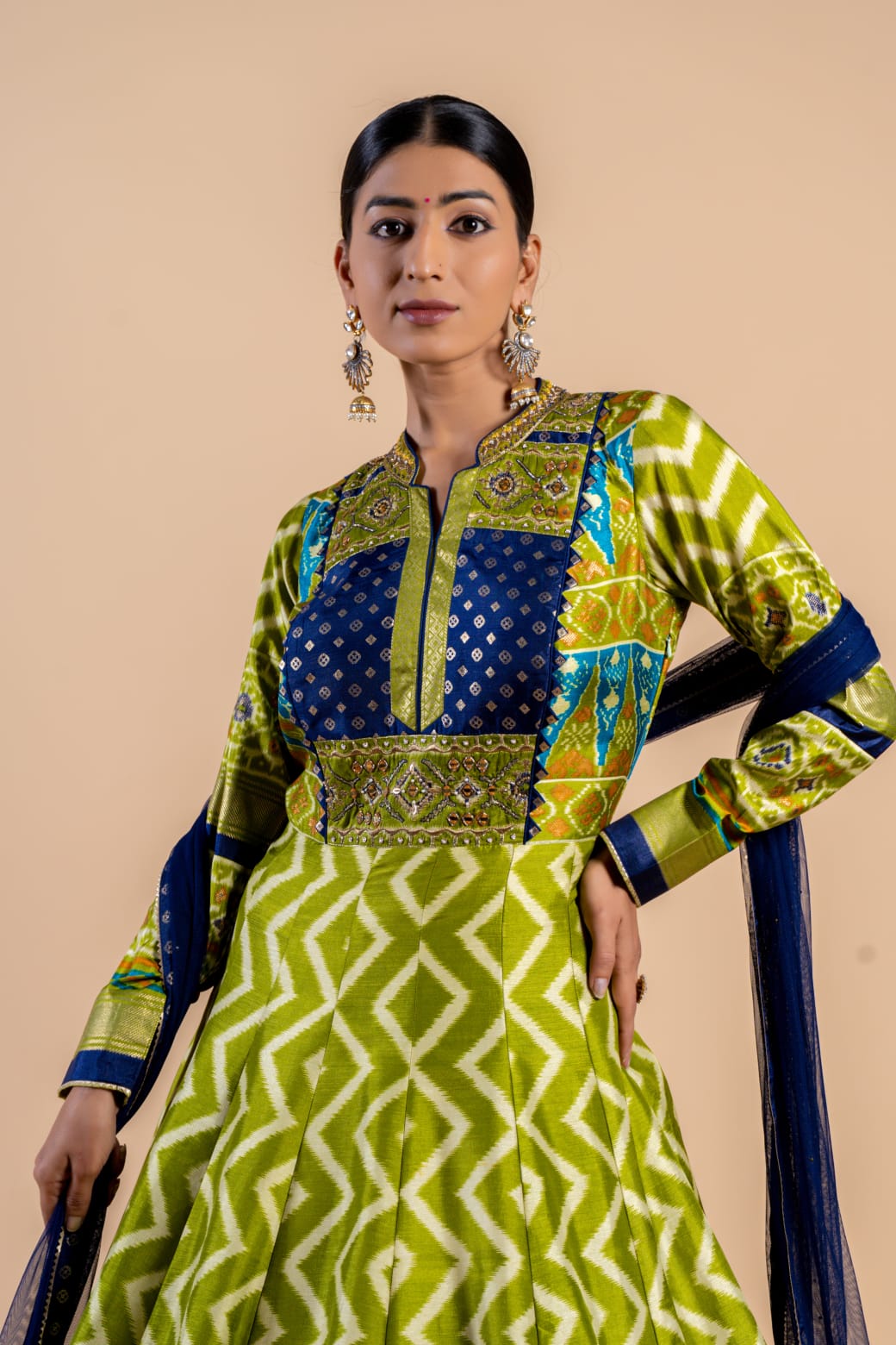 Lively Lime Green & Navy Ajrakh Fusion Gown with Leheriya Print and Zari Border