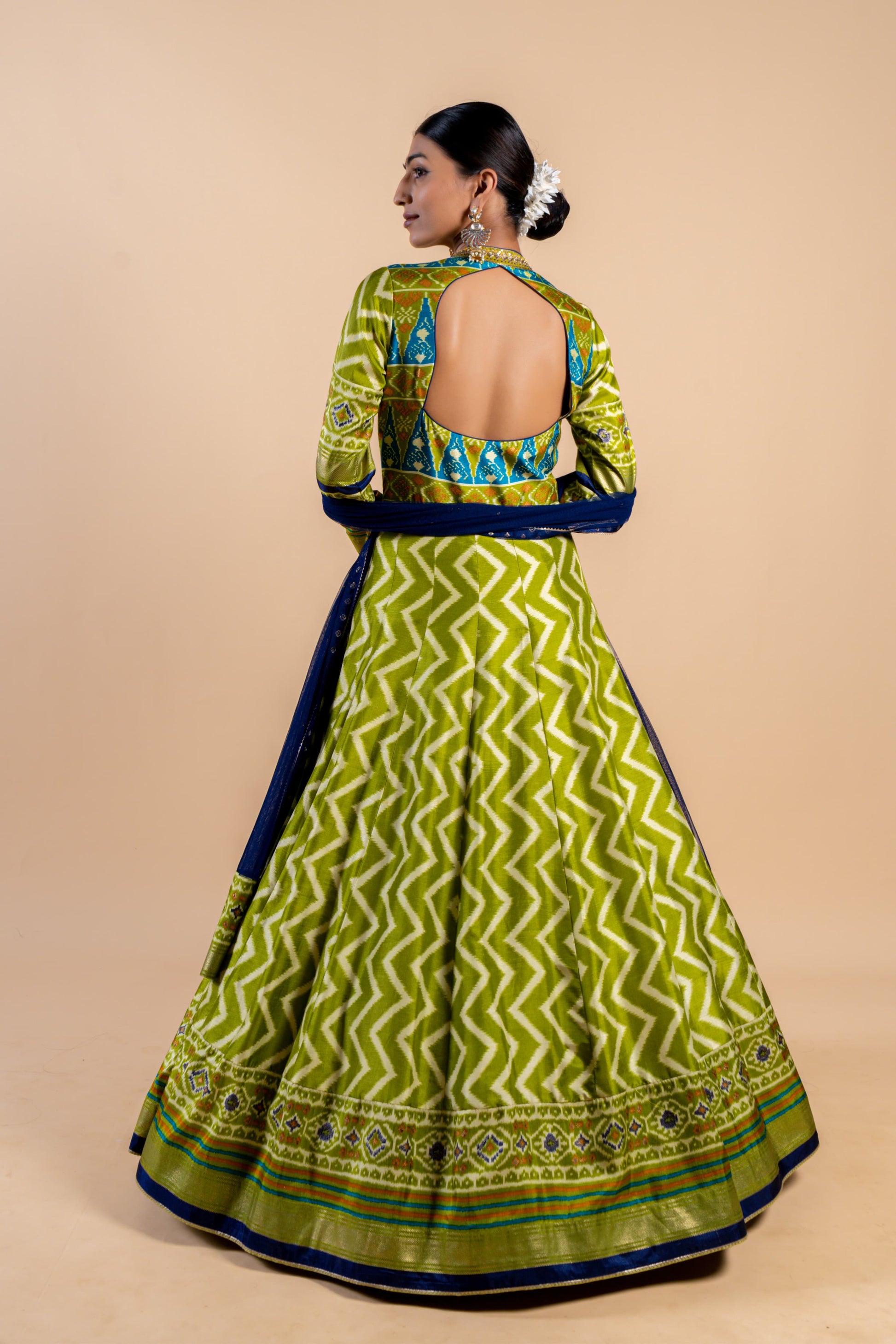 Lively Lime Green & Navy Ajrakh Fusion Gown with Leheriya Print and Zari Border