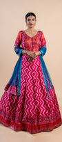 Radiant Pink & Orange Leheriya Fusion Gown with Embroidered Ajrakh Bodice and Teal Dupatta