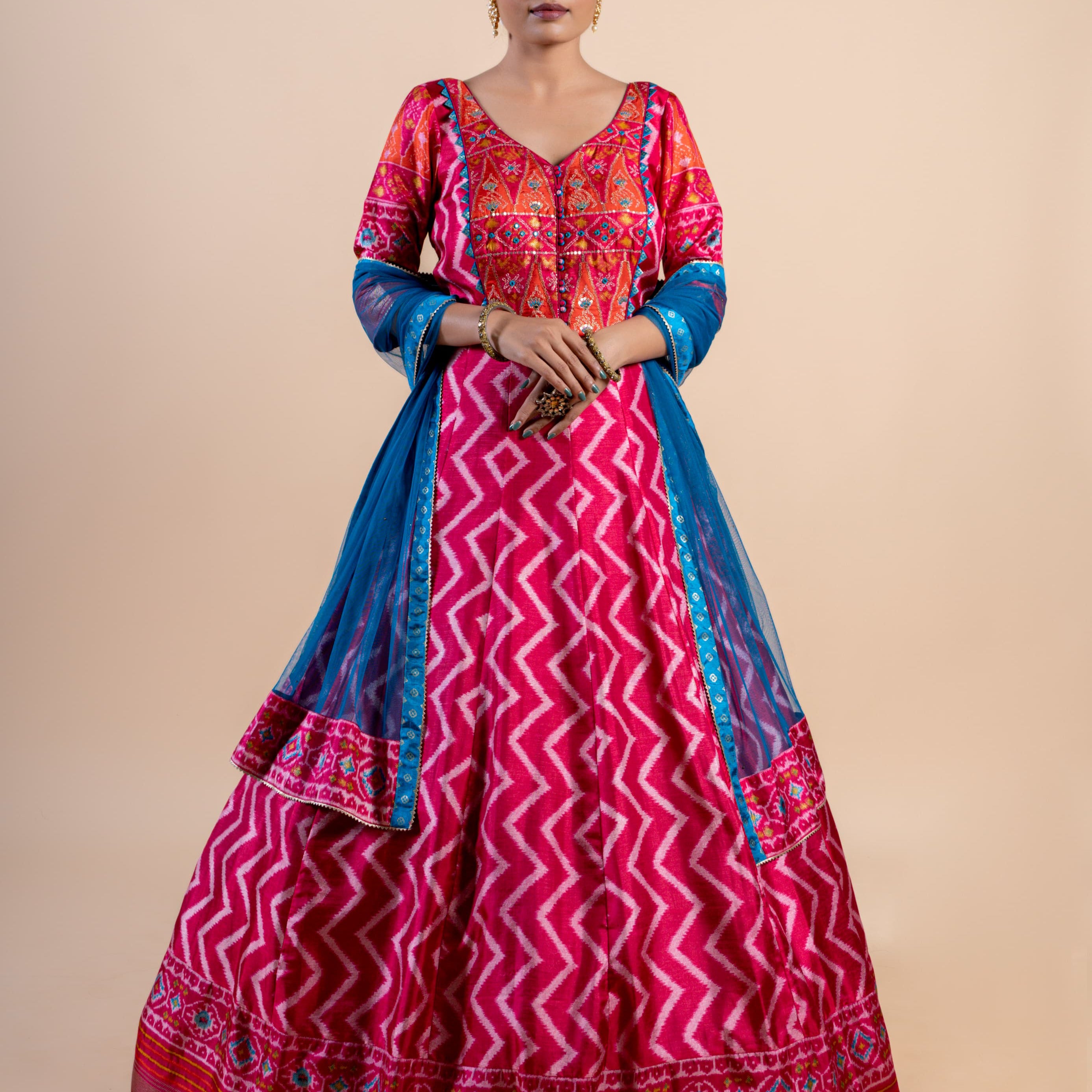 Radiant Pink & Orange Leheriya Fusion Gown with Embroidered Ajrakh Bodice and Teal Dupatta
