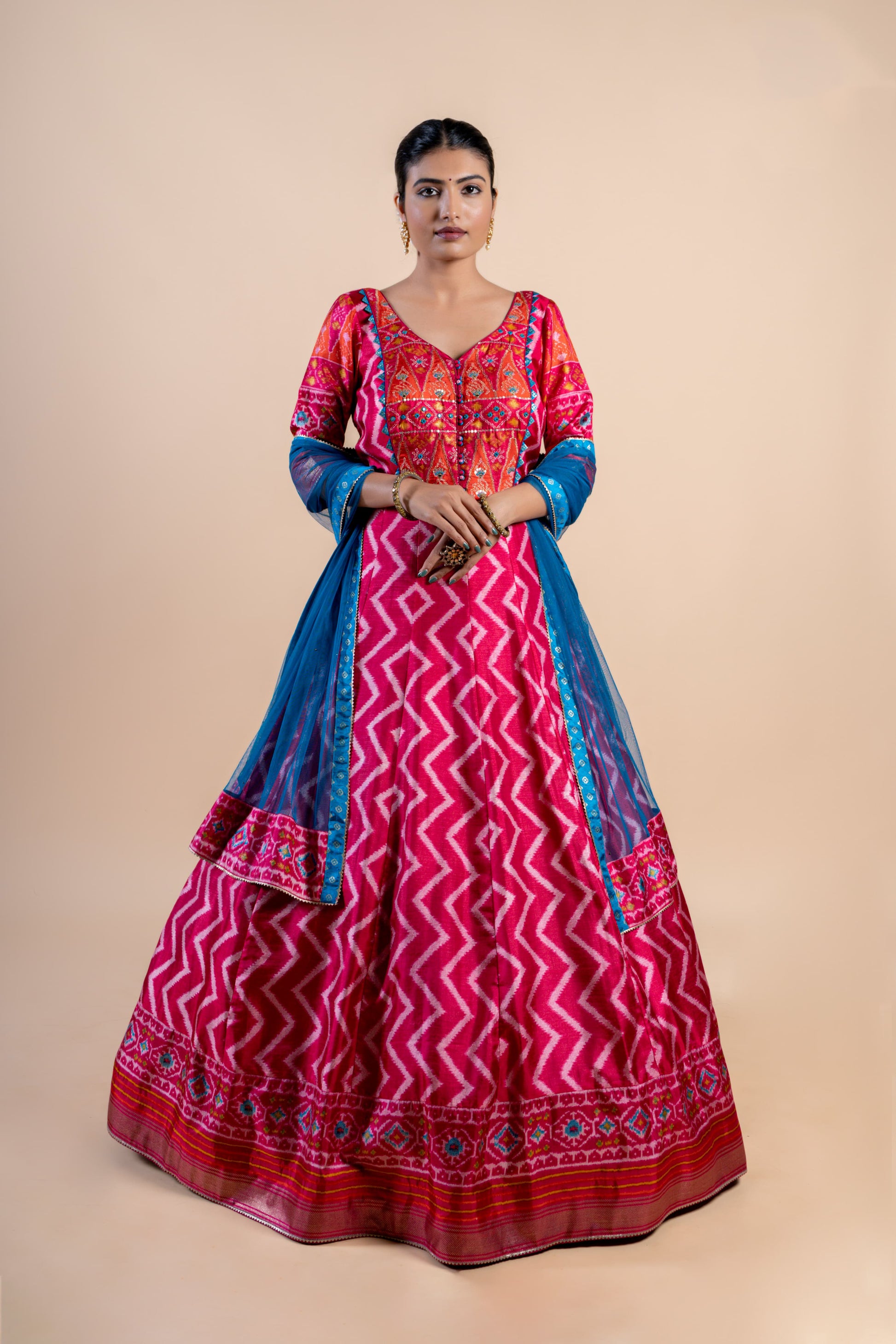 Radiant Pink & Orange Leheriya Fusion Gown with Embroidered Ajrakh Bodice and Teal Dupatta