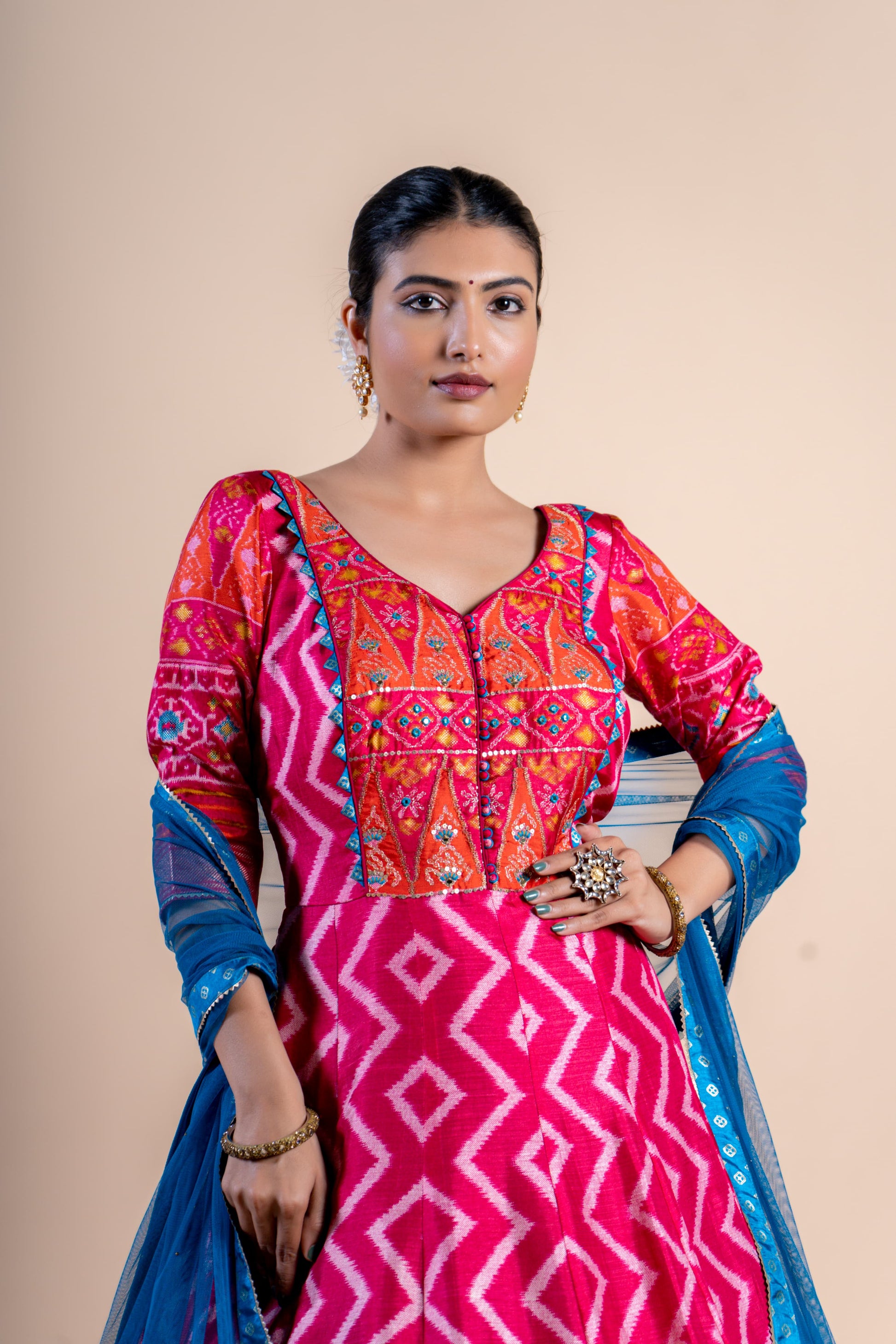 Radiant Pink & Orange Leheriya Fusion Gown with Embroidered Ajrakh Bodice and Teal Dupatta
