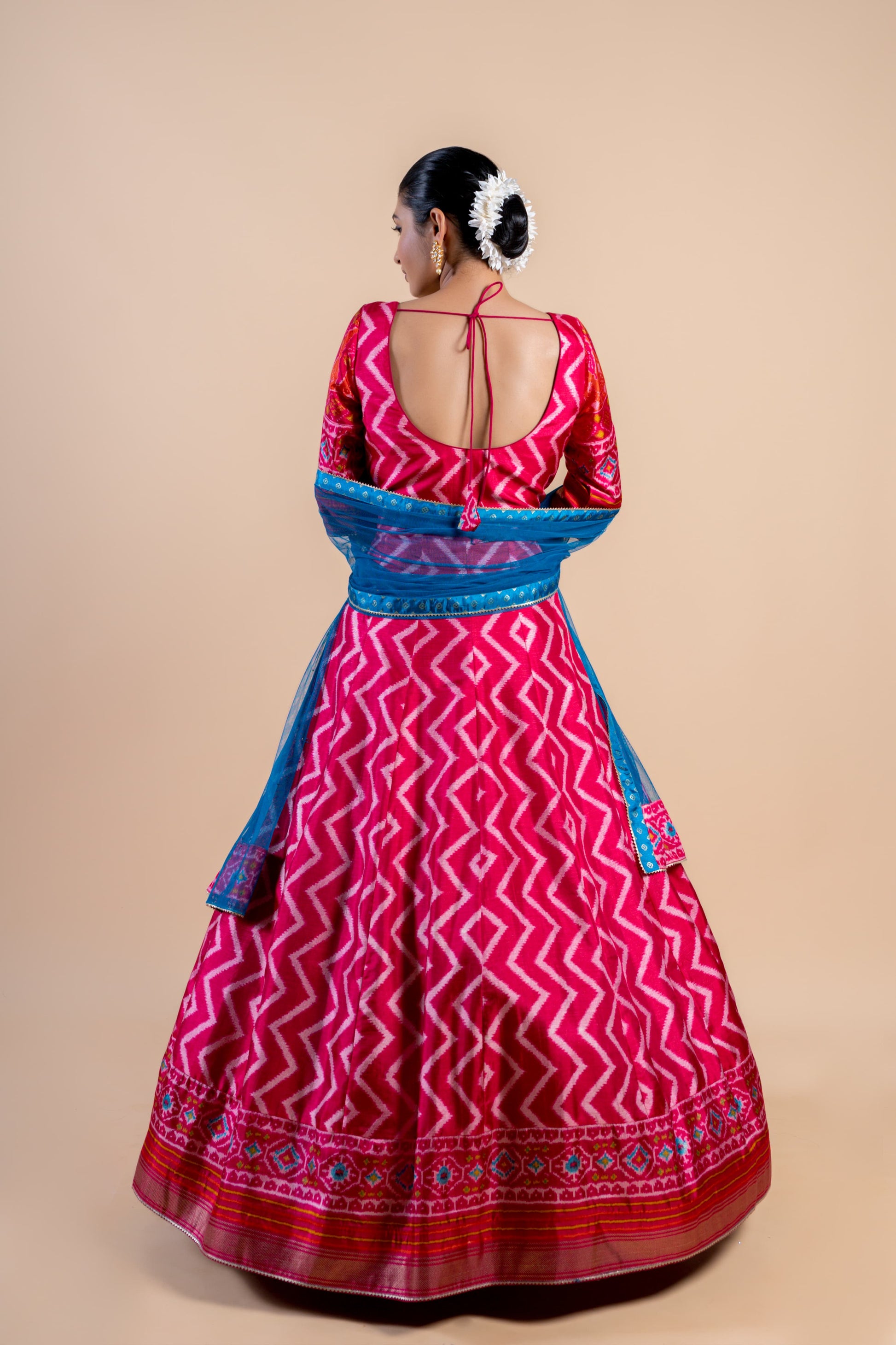 Radiant Pink & Orange Leheriya Fusion Gown with Embroidered Ajrakh Bodice and Teal Dupatta