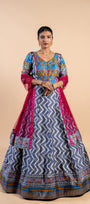Elegant Steel Grey & Turquoise Ajrakh Fusion Gown with Leheriya Print and Rani Pink Dupatta