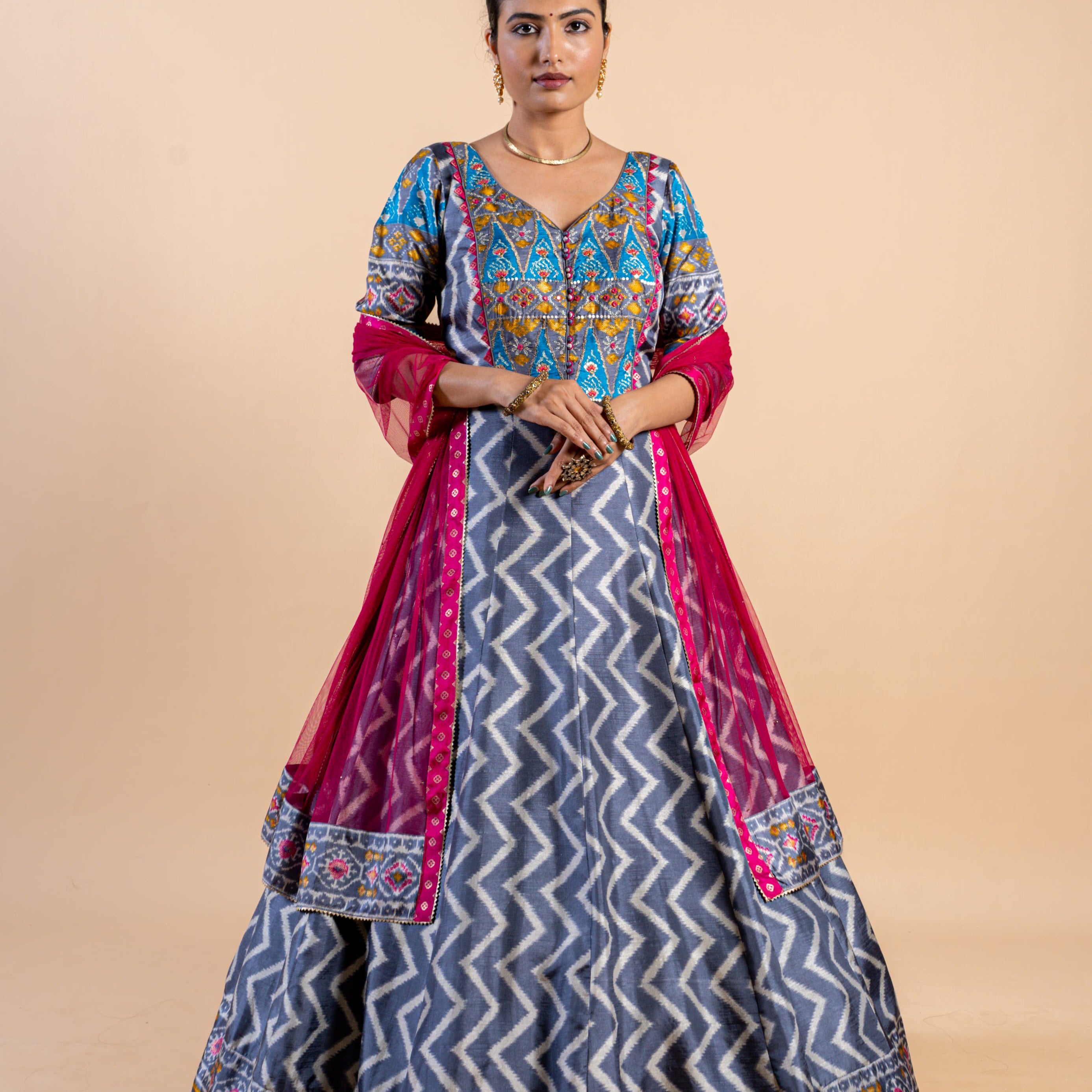 Elegant Steel Grey & Turquoise Ajrakh Fusion Gown with Leheriya Print and Rani Pink Dupatta