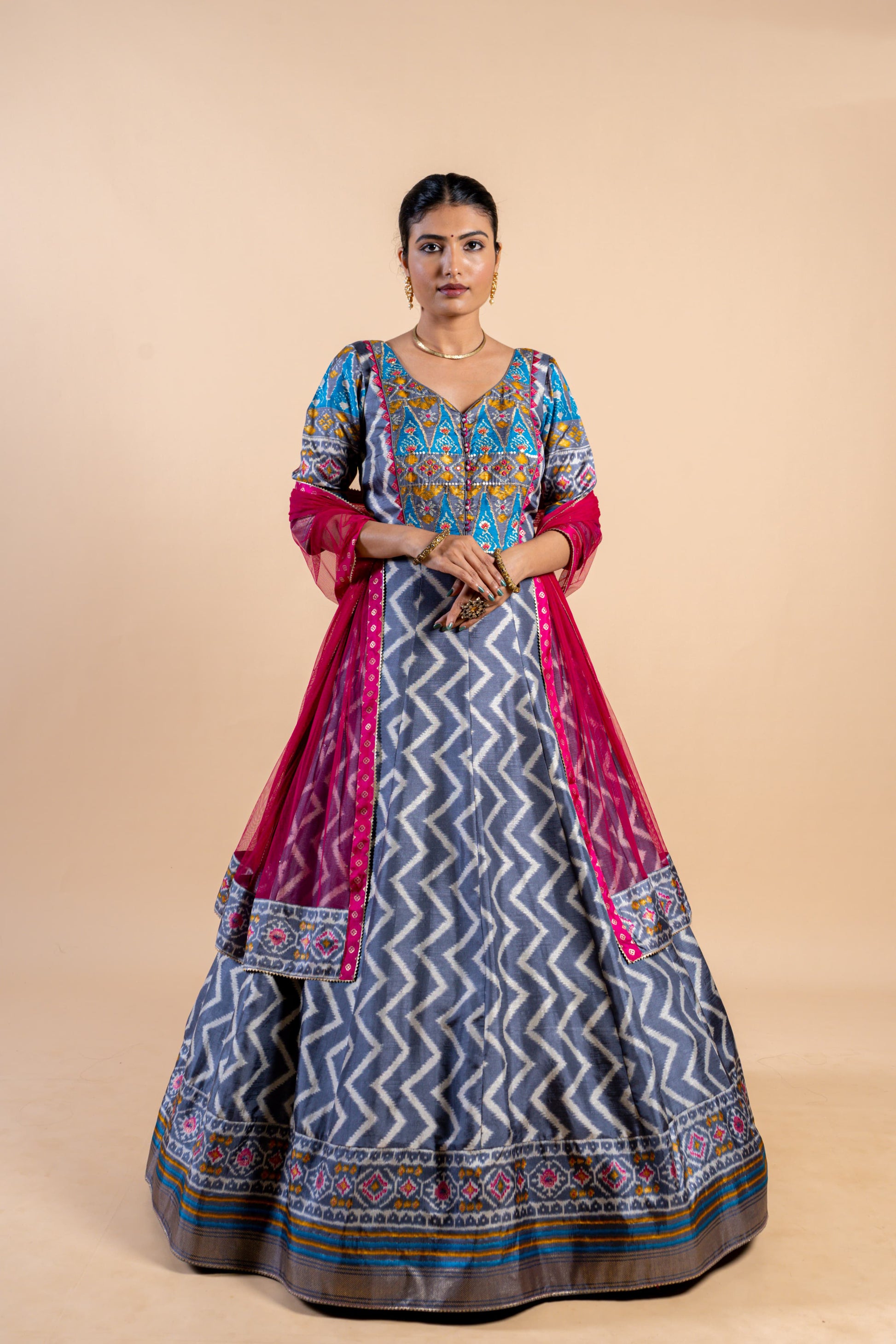 Elegant Steel Grey & Turquoise Ajrakh Fusion Gown with Leheriya Print and Rani Pink Dupatta