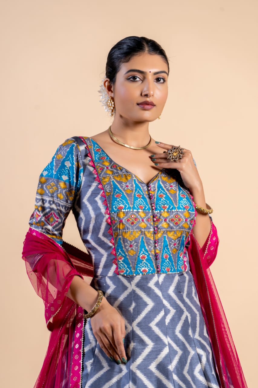 Elegant Steel Grey & Turquoise Ajrakh Fusion Gown with Leheriya Print and Rani Pink Dupatta