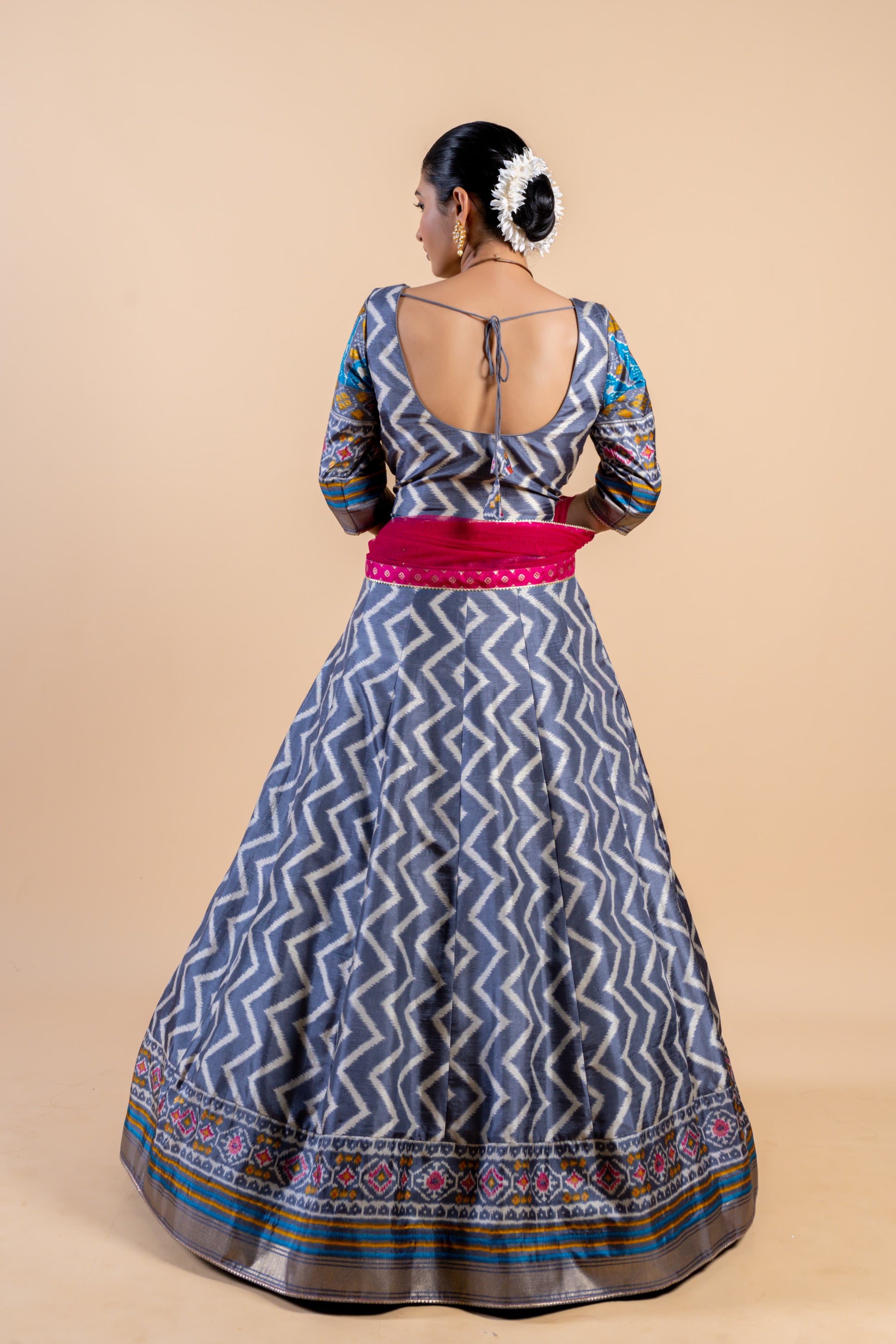 Elegant Steel Grey & Turquoise Ajrakh Fusion Gown with Leheriya Print and Rani Pink Dupatta