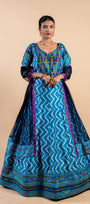 Royal Ocean Blue Leheriya Fusion Gown with Embroidered Ajrakh Bodice and Purple Bordered Dupatta