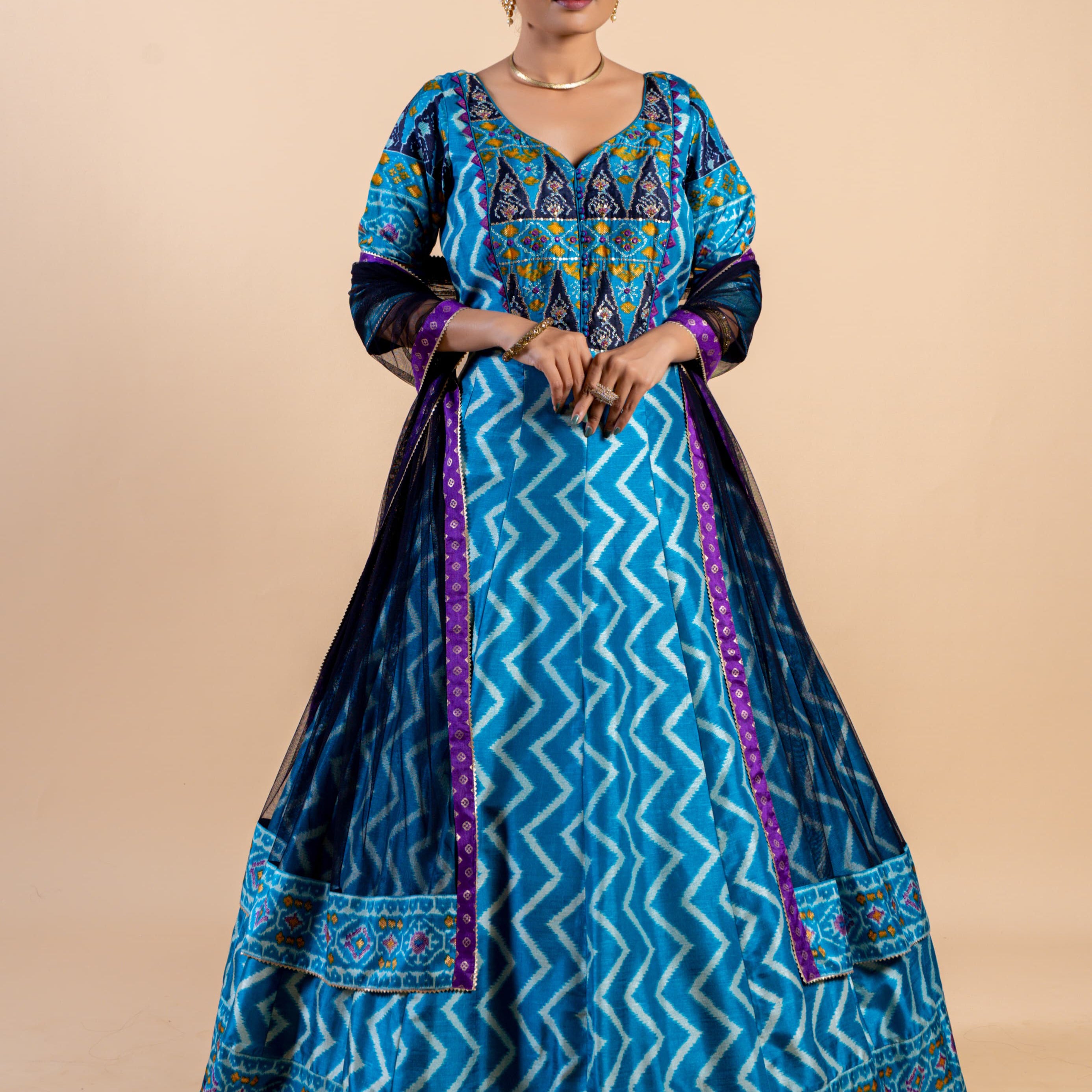 Royal Ocean Blue Leheriya Fusion Gown with Embroidered Ajrakh Bodice and Purple Bordered Dupatta