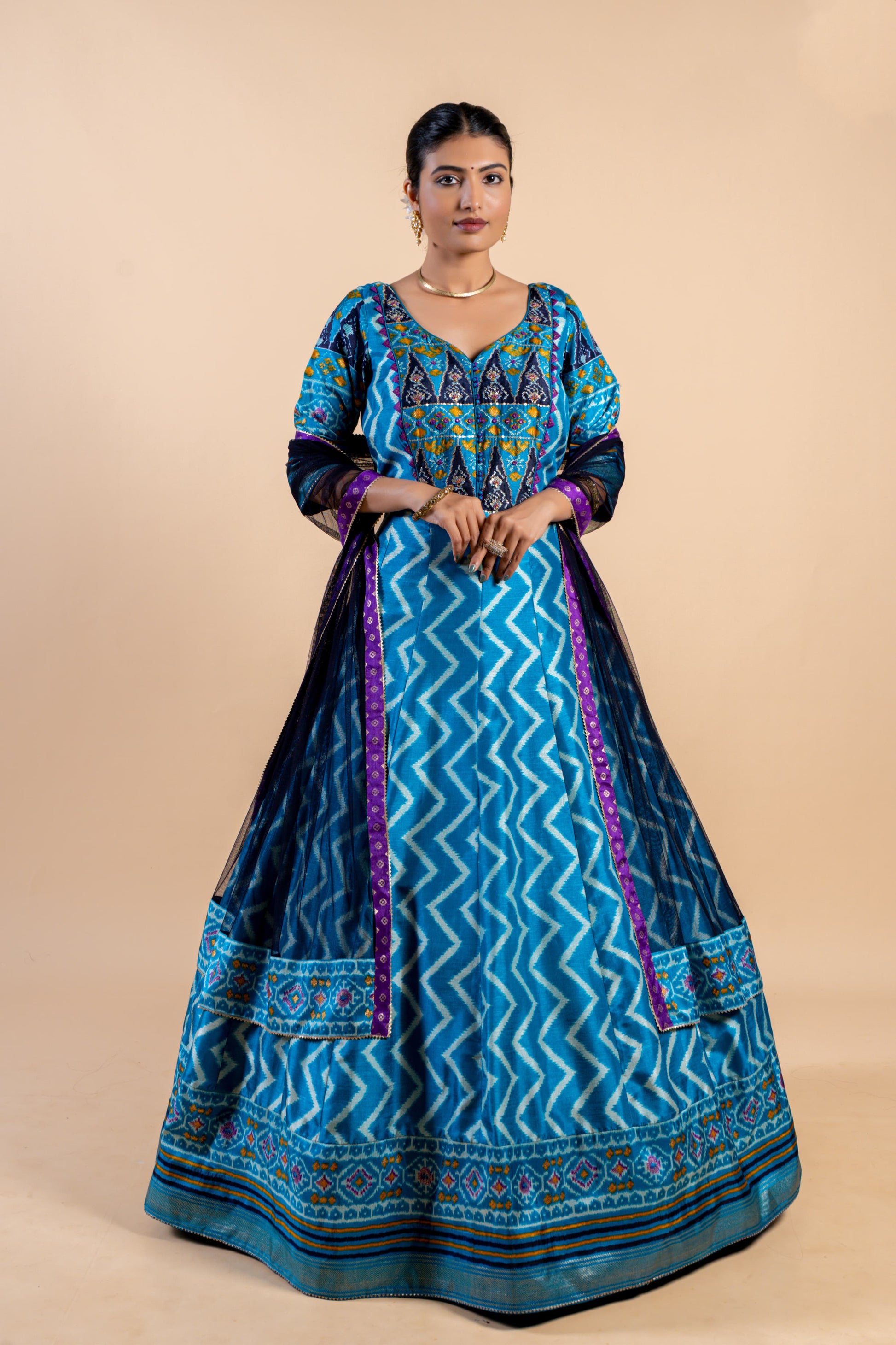 Royal Ocean Blue Leheriya Fusion Gown with Embroidered Ajrakh Bodice and Purple Bordered Dupatta