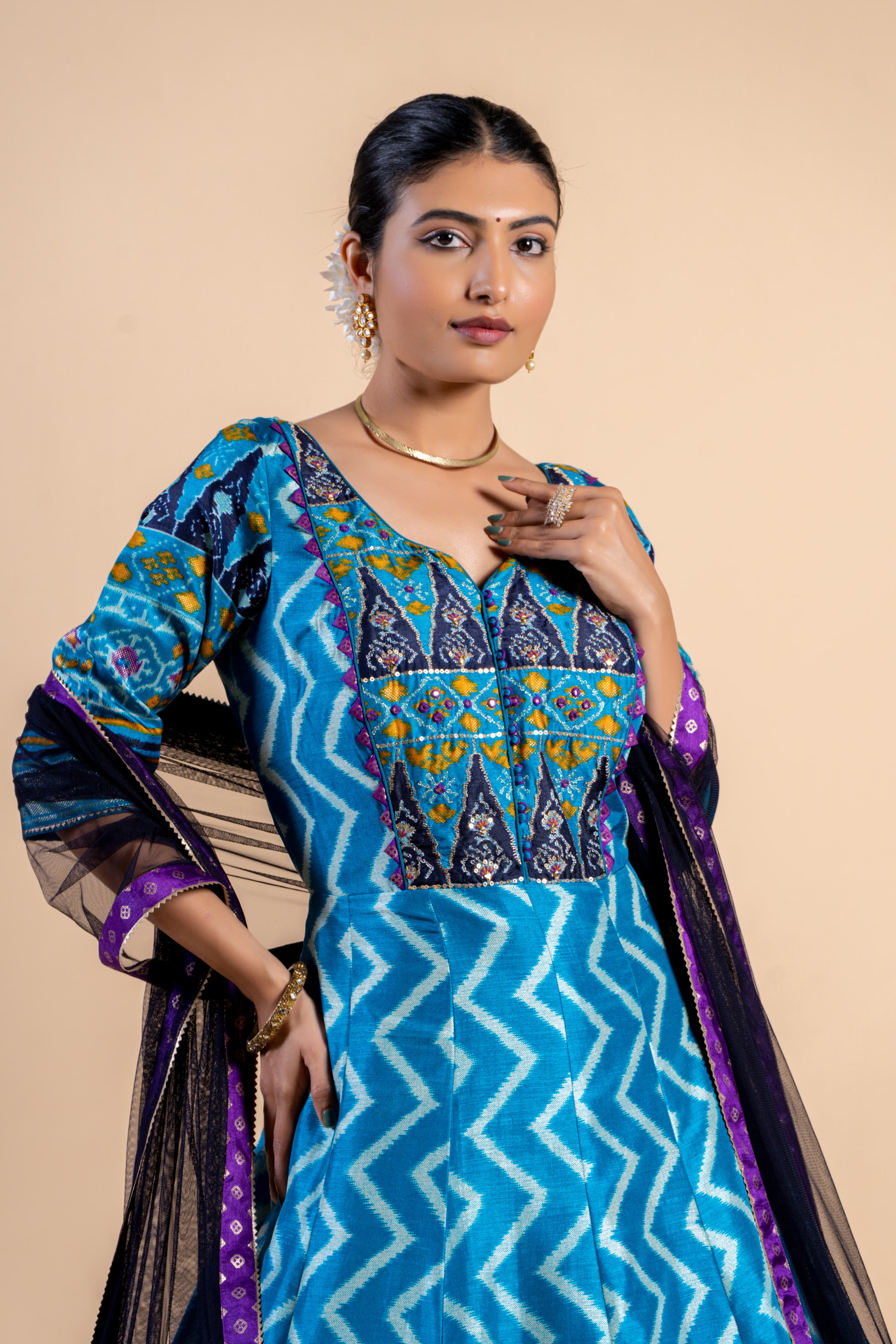 Royal Ocean Blue Leheriya Fusion Gown with Embroidered Ajrakh Bodice and Purple Bordered Dupatta