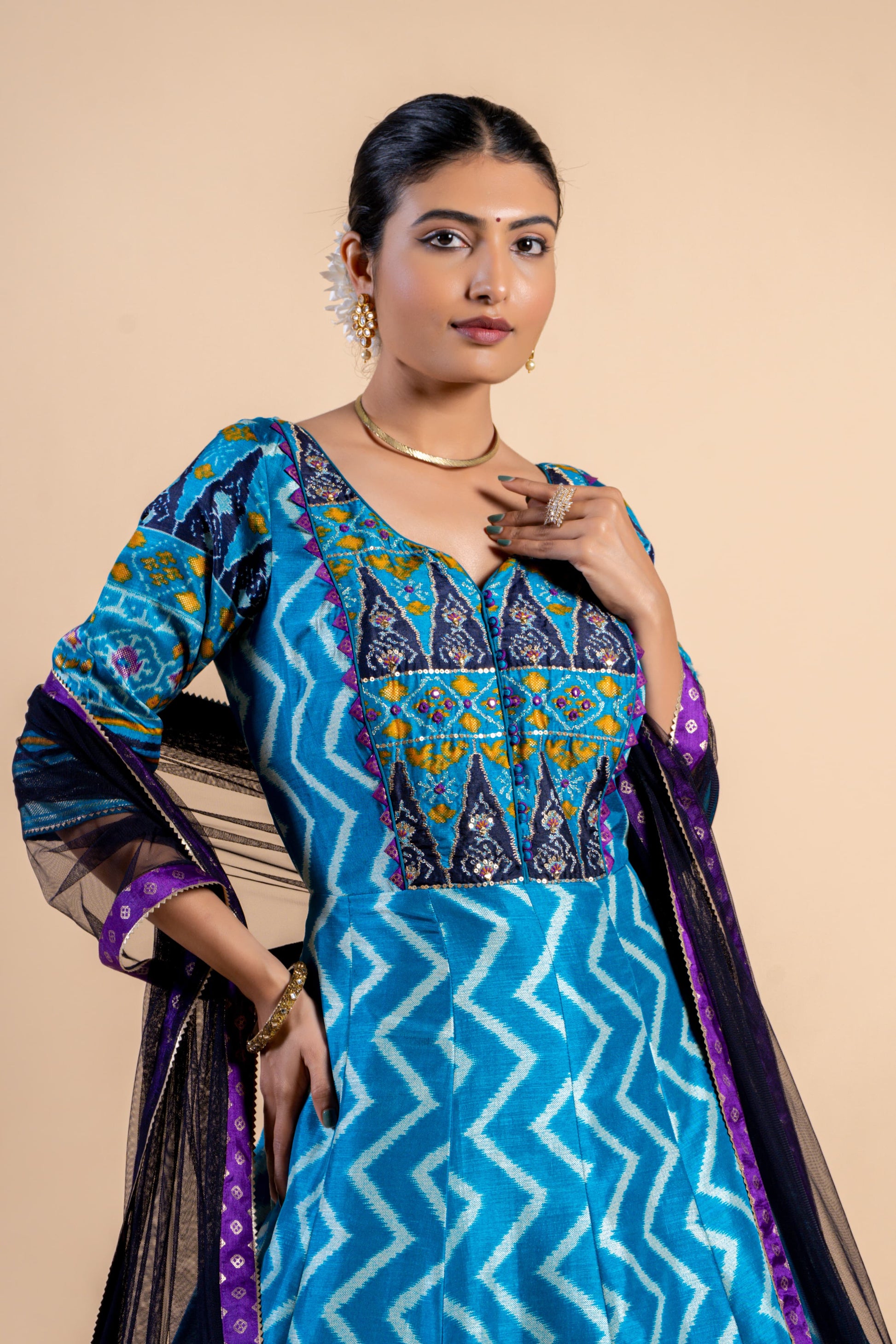 Royal Ocean Blue Leheriya Fusion Gown with Embroidered Ajrakh Bodice and Purple Bordered Dupatta
