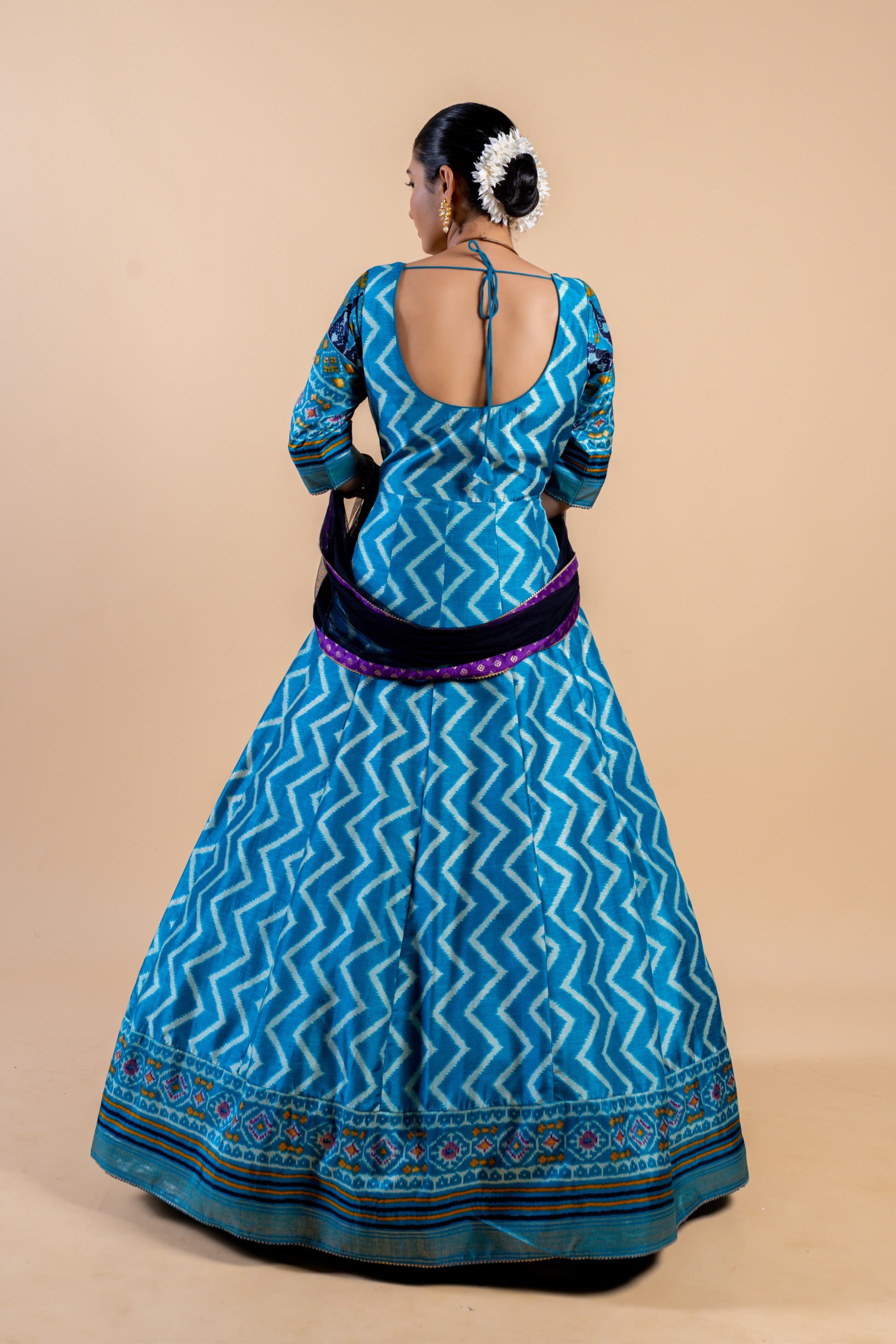 Royal Ocean Blue Leheriya Fusion Gown with Embroidered Ajrakh Bodice and Purple Bordered Dupatta