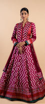 Regal Wine & Emerald Green Ajrakh Fusion Gown with Leheriya Print and Keyhole Back