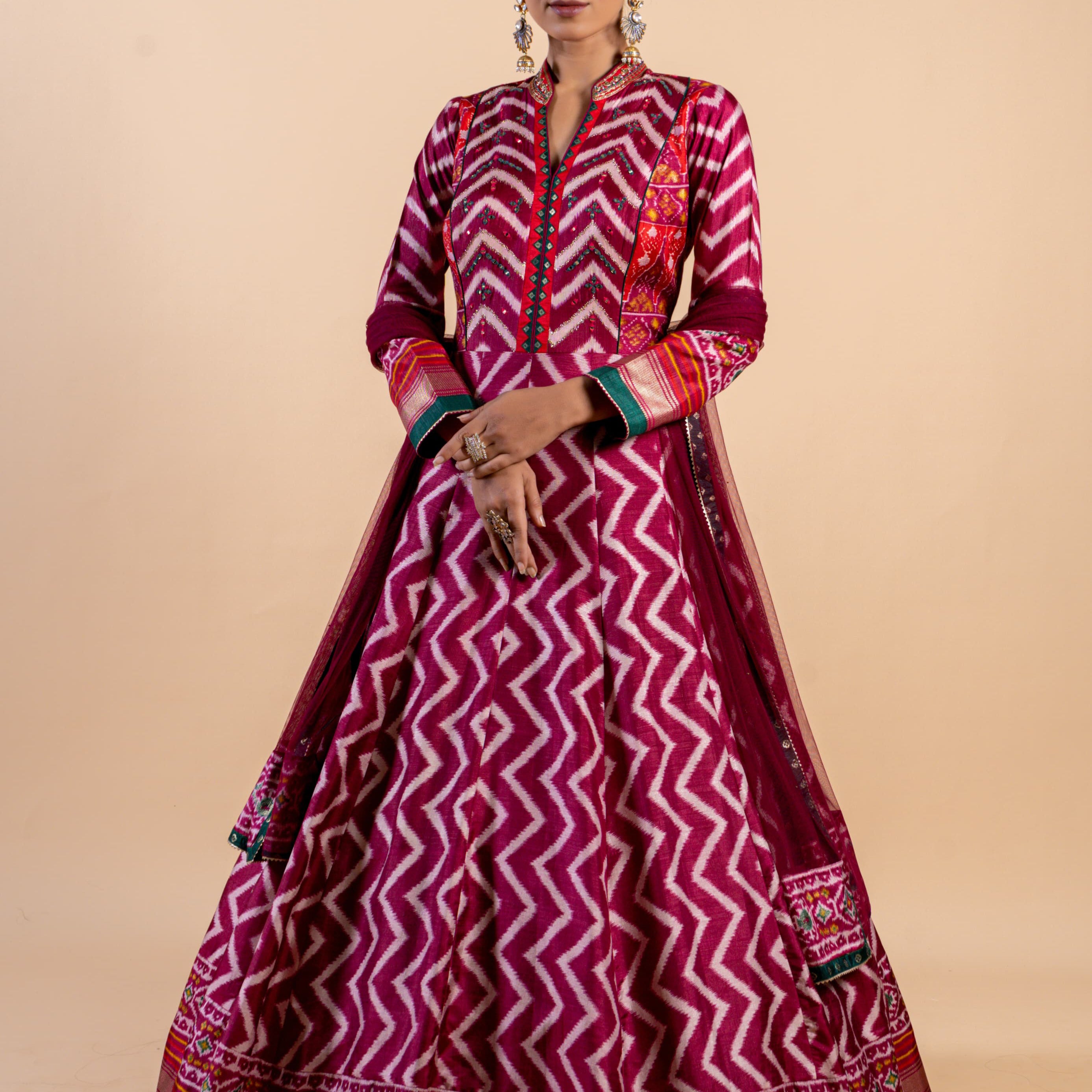 Regal Wine & Emerald Green Ajrakh Fusion Gown with Leheriya Print and Keyhole Back