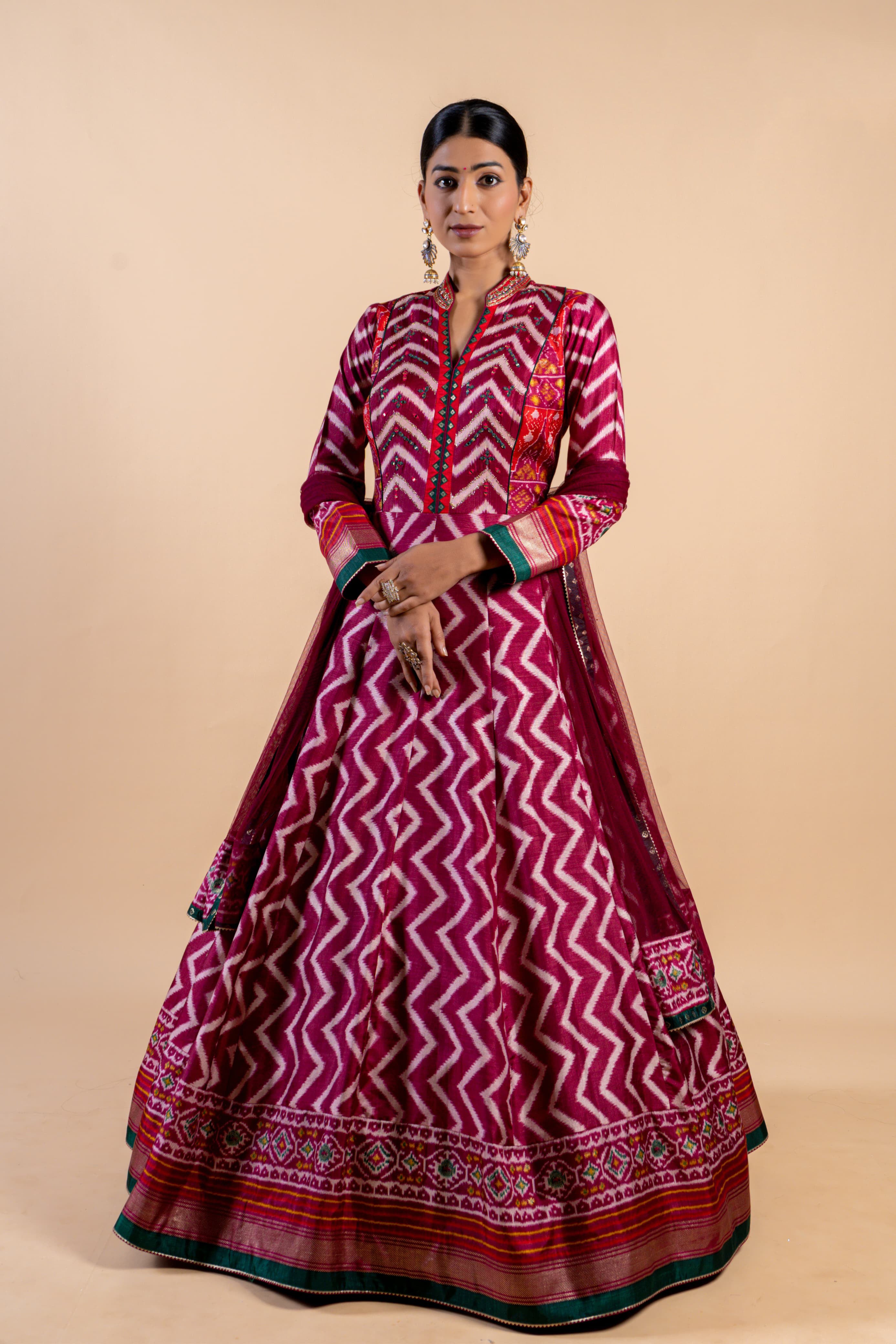 Regal Wine & Emerald Green Ajrakh Fusion Gown with Leheriya Print and Keyhole Back
