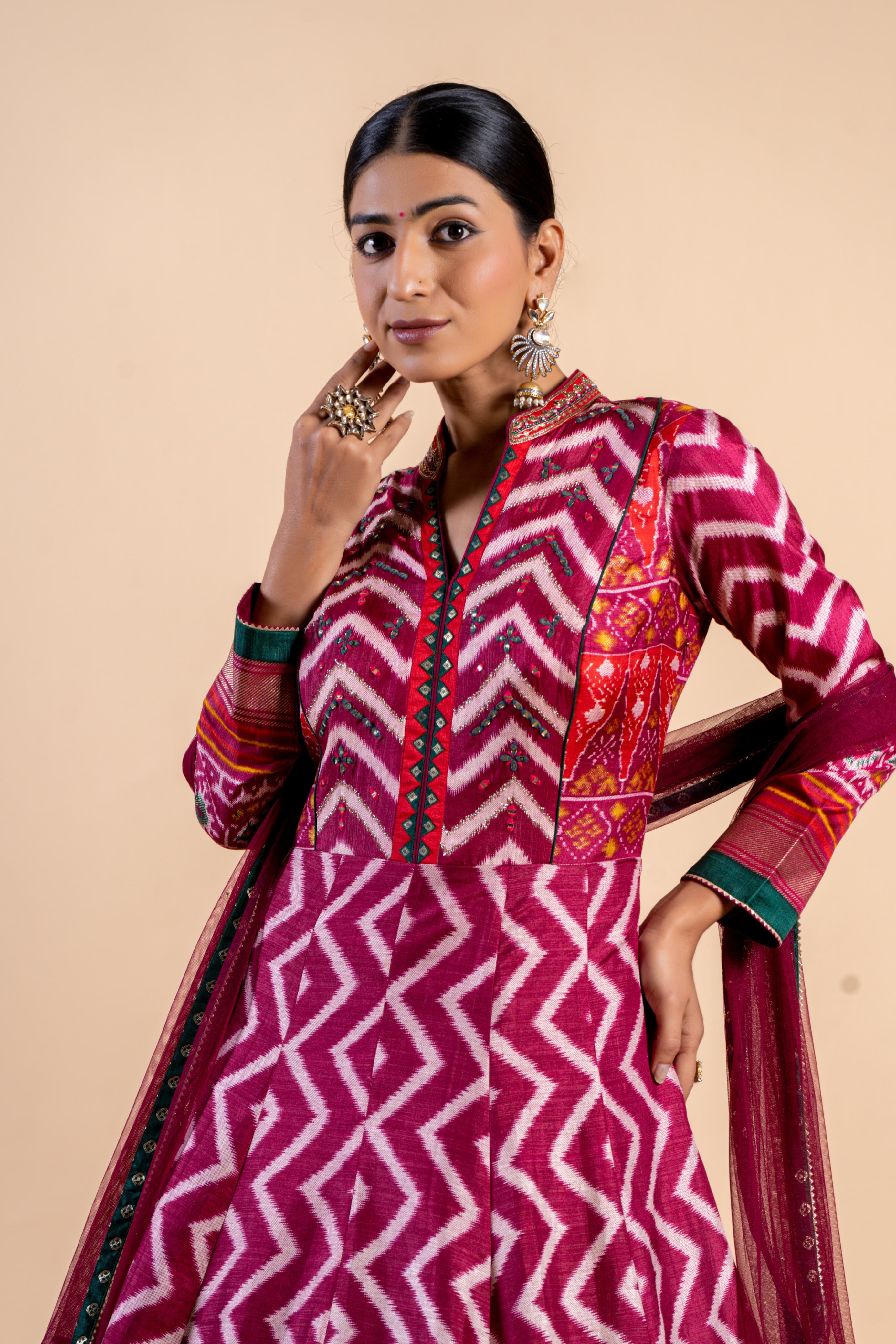 Regal Wine & Emerald Green Ajrakh Fusion Gown with Leheriya Print and Keyhole Back