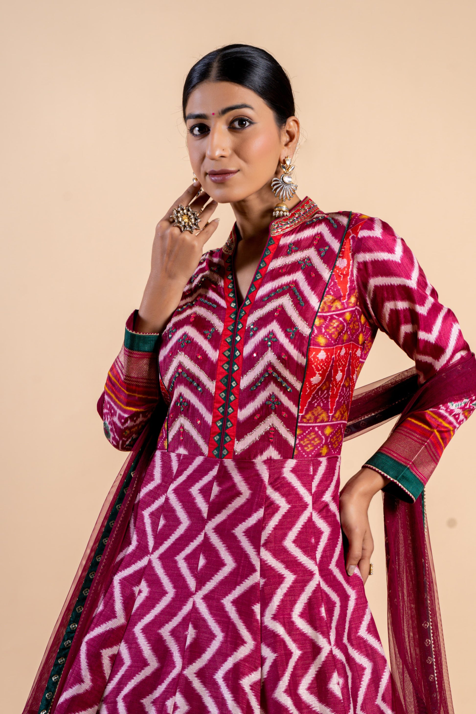 Regal Wine & Emerald Green Ajrakh Fusion Gown with Leheriya Print and Keyhole Back