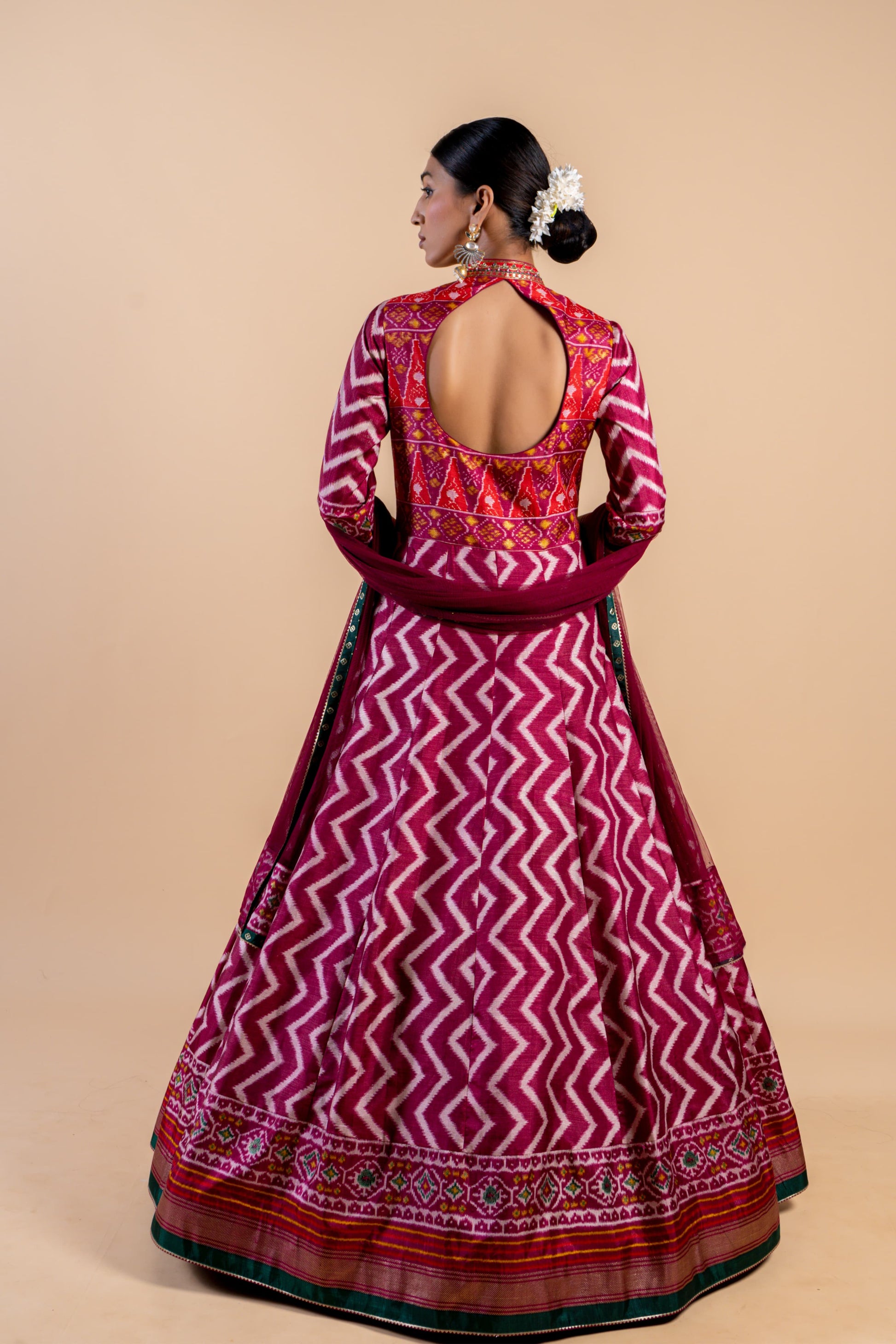 Regal Wine & Emerald Green Ajrakh Fusion Gown with Leheriya Print and Keyhole Back