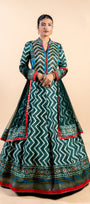 Royal Emerald & Turquoise Ajrakh Fusion Gown with Leheriya Print and Open-Back Cutout