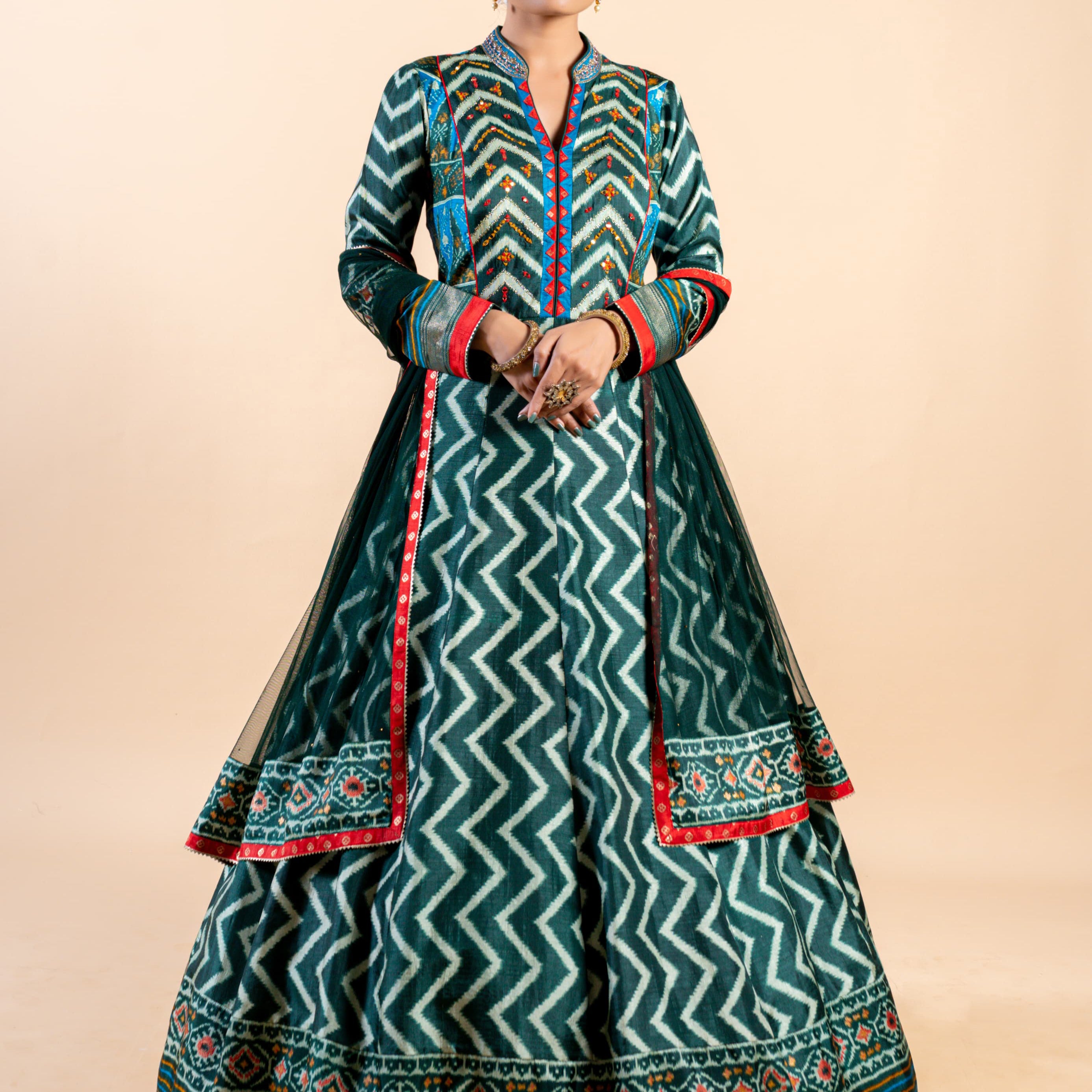 Royal Emerald & Turquoise Ajrakh Fusion Gown with Leheriya Print and Open-Back Cutout