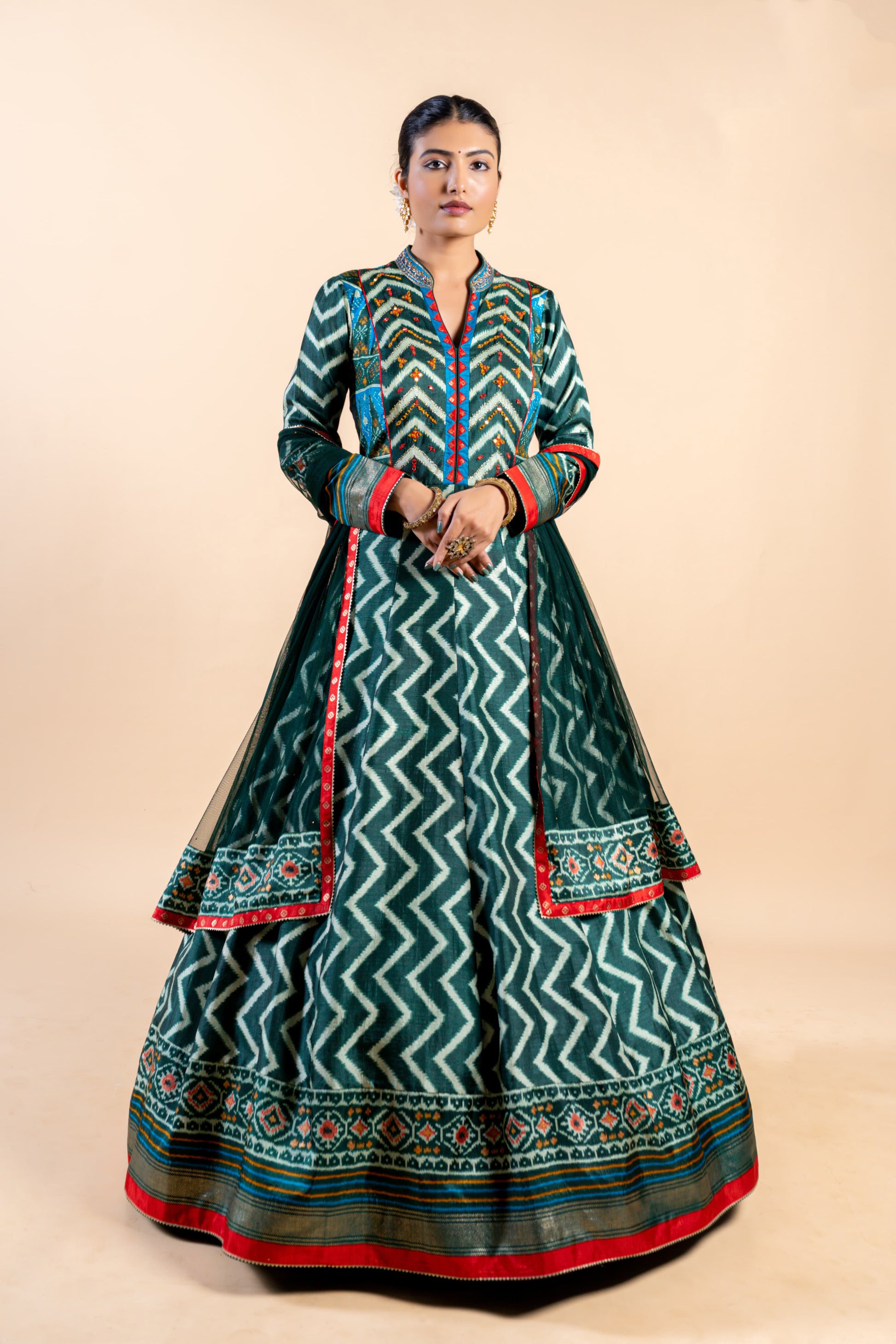 Royal Emerald & Turquoise Ajrakh Fusion Gown with Leheriya Print and Open-Back Cutout