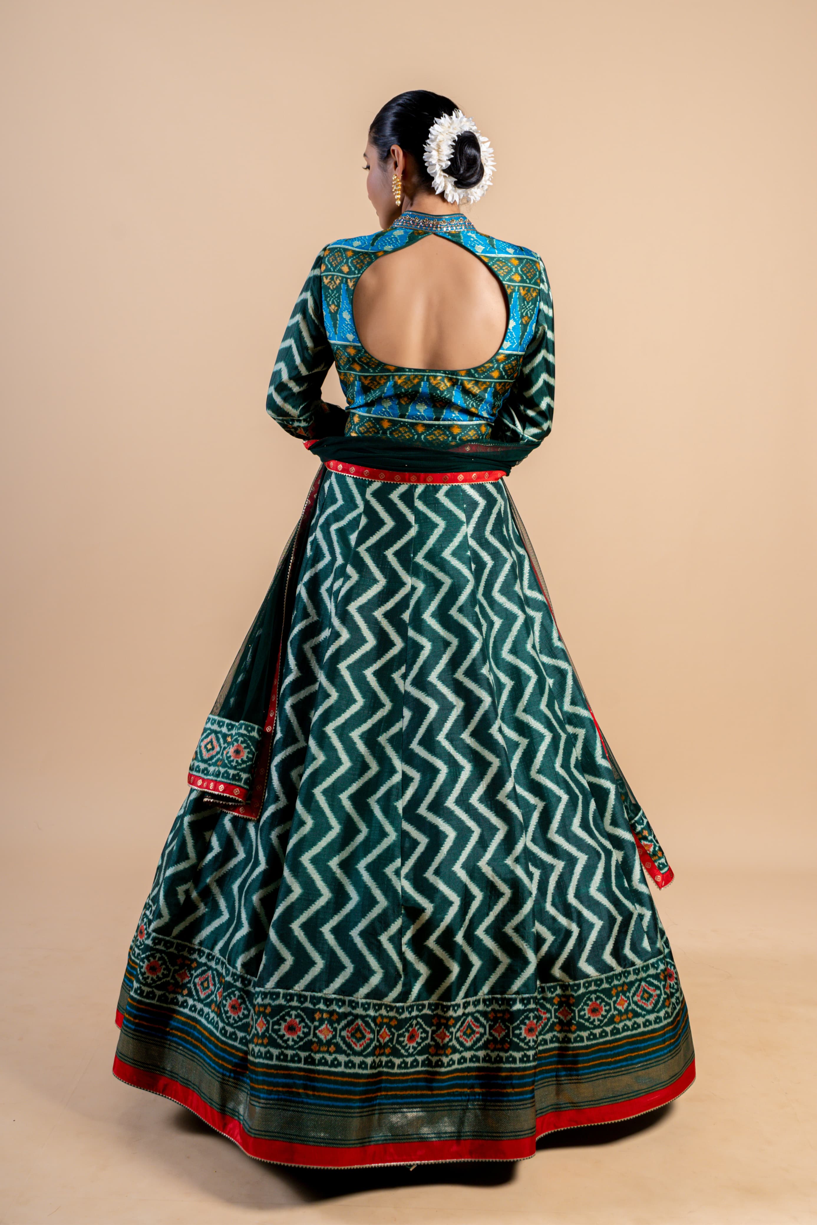 Royal Emerald & Turquoise Ajrakh Fusion Gown with Leheriya Print and Open-Back Cutout