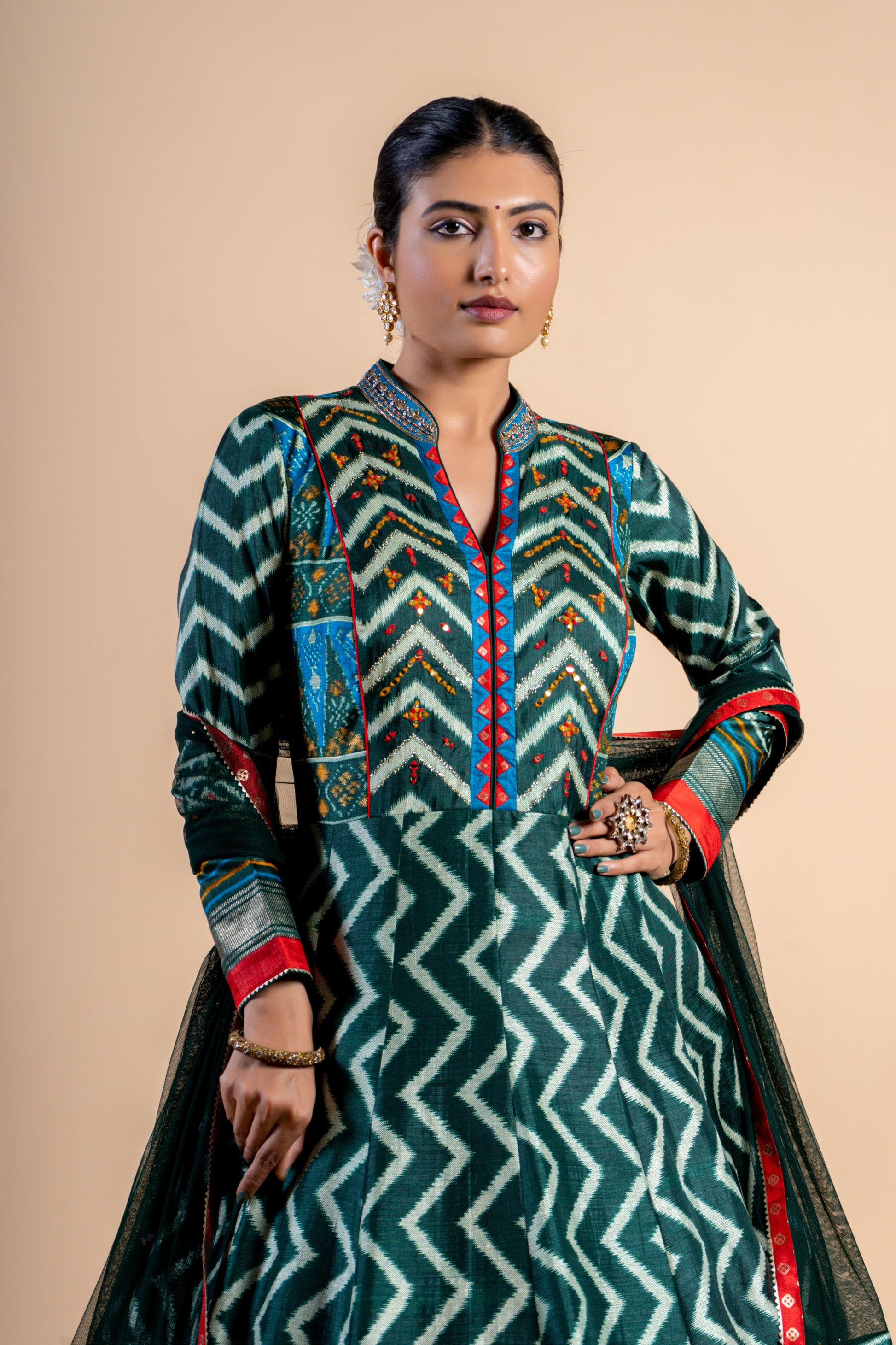 Royal Emerald & Turquoise Ajrakh Fusion Gown with Leheriya Print and Open-Back Cutout