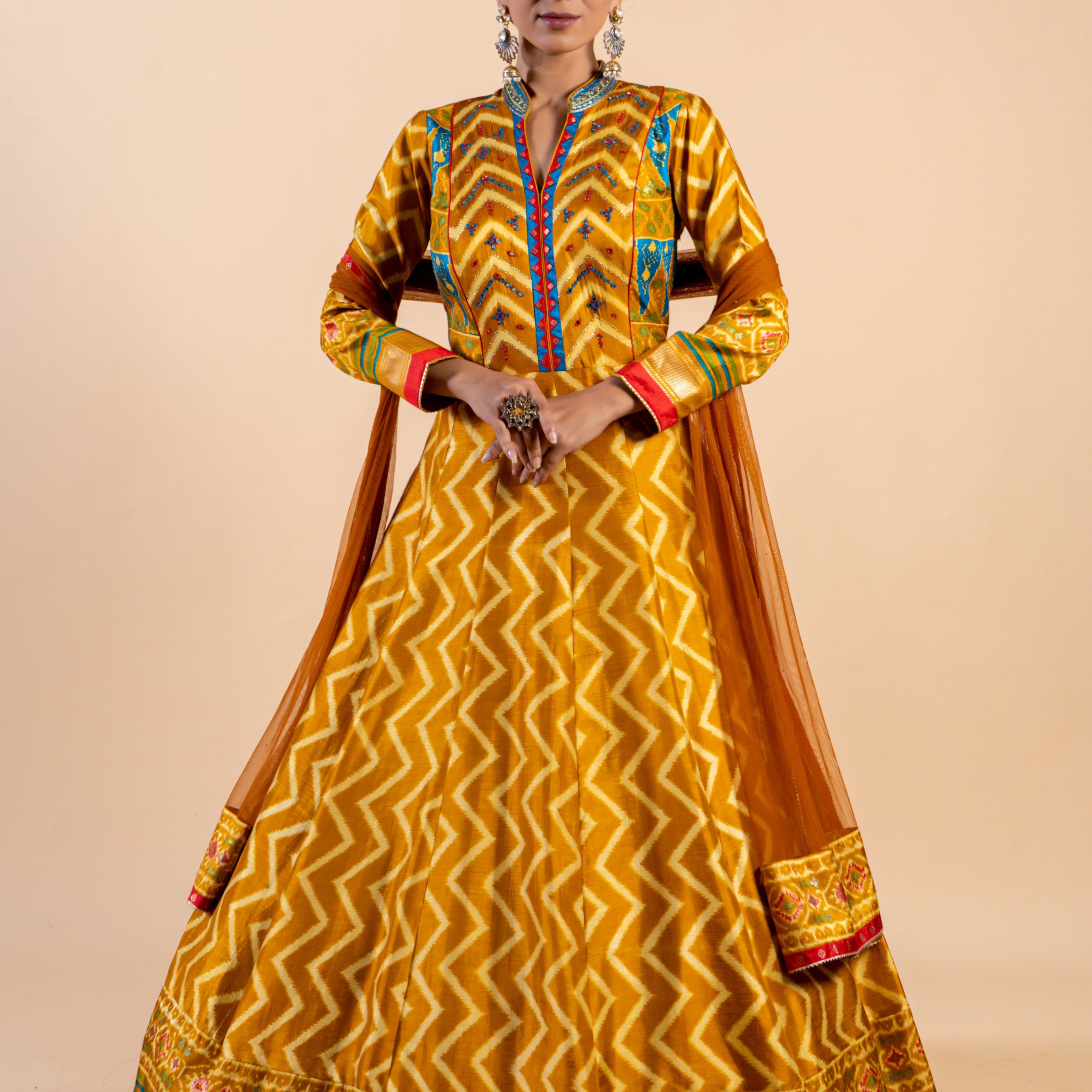 Radiant Mustard Yellow Ajrakh Fusion Gown with Leheriya Print and Open-Back Cutout