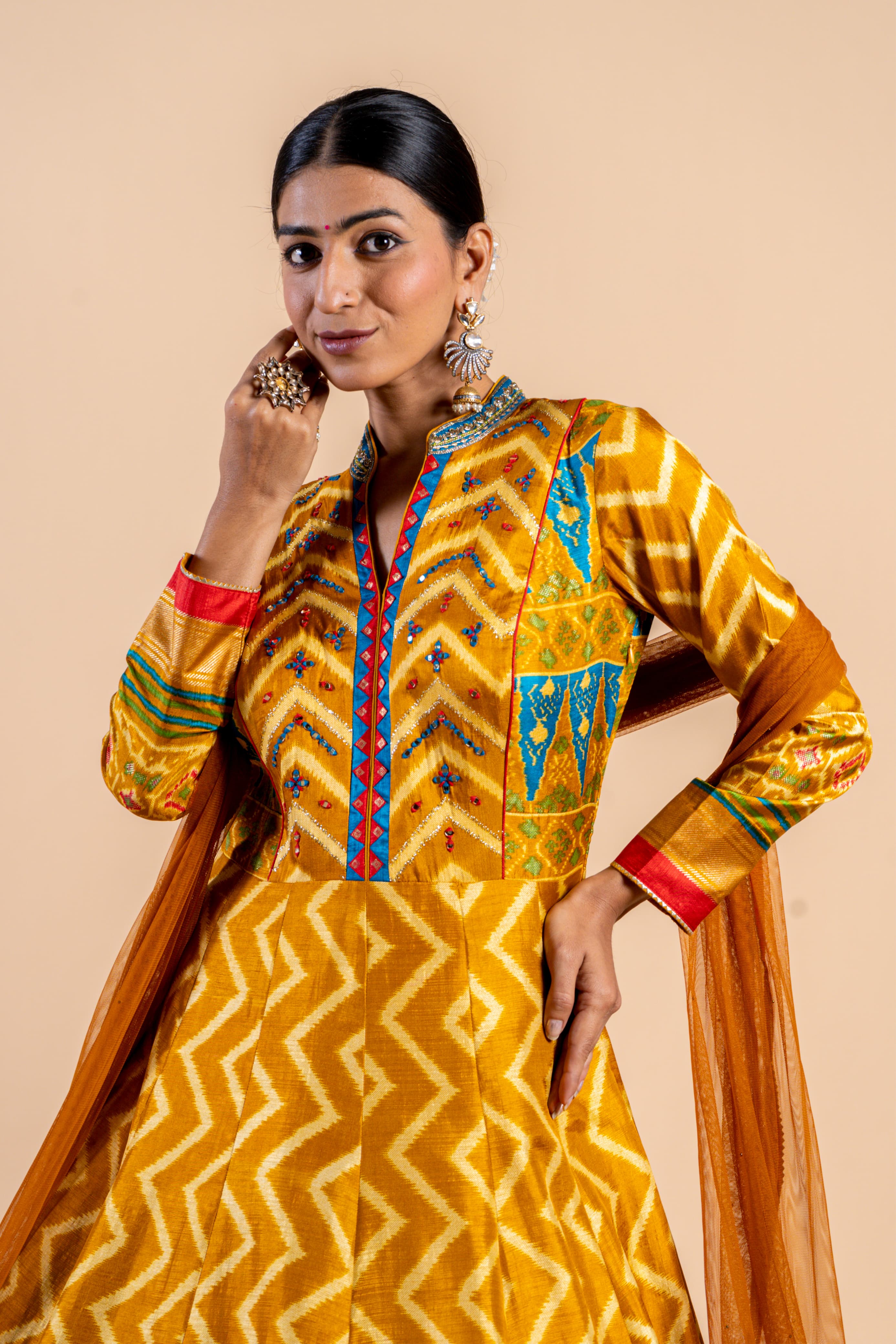 Radiant Mustard Yellow Ajrakh Fusion Gown with Leheriya Print and Open-Back Cutout